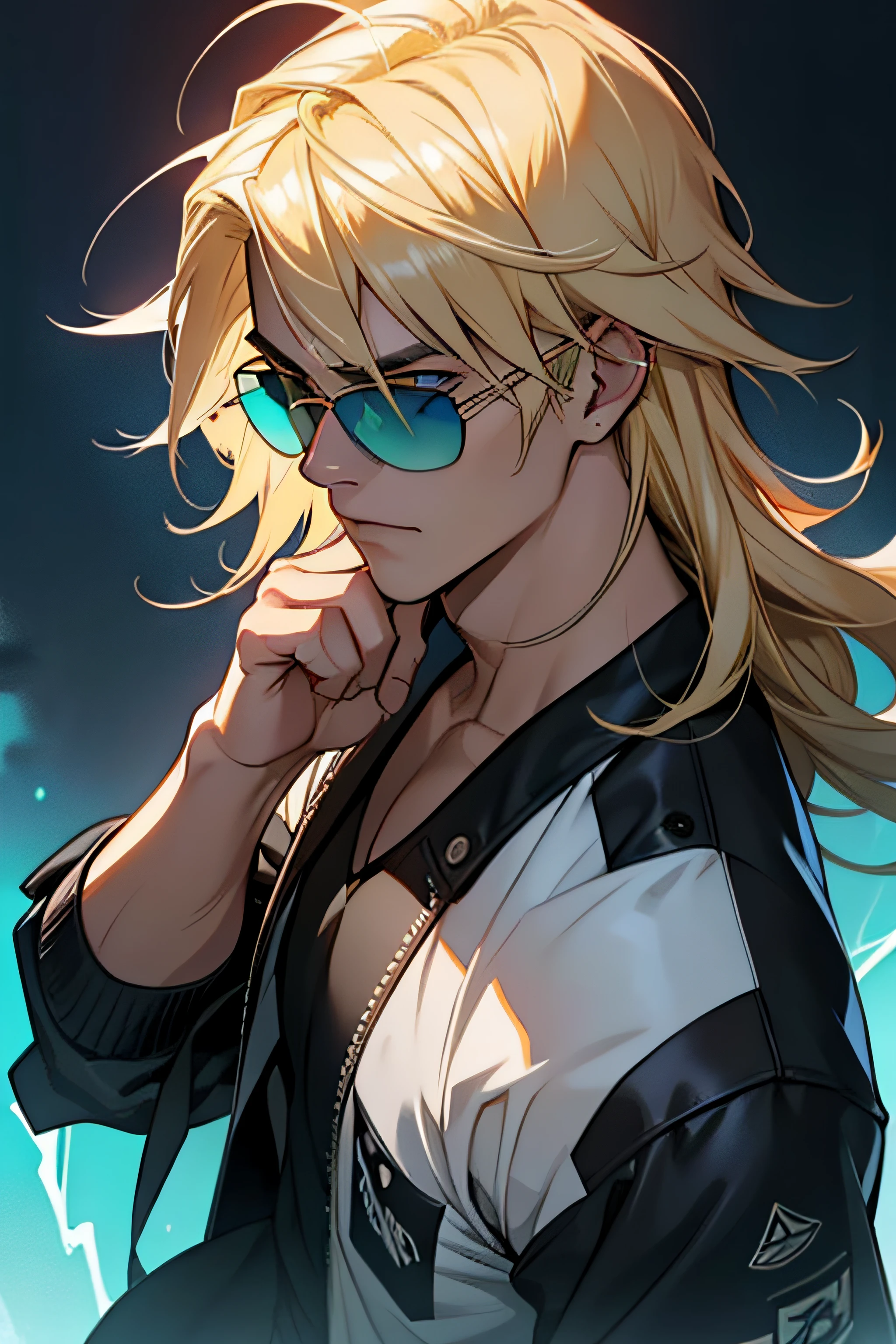 Thunder, Homem corpo adulto, ((cabelo blond)), roupas Satoru gojou, ((sunglasses)), fundo neon, cabelo longo, mastigando chiclete, sentado no bar, thunder, thunder