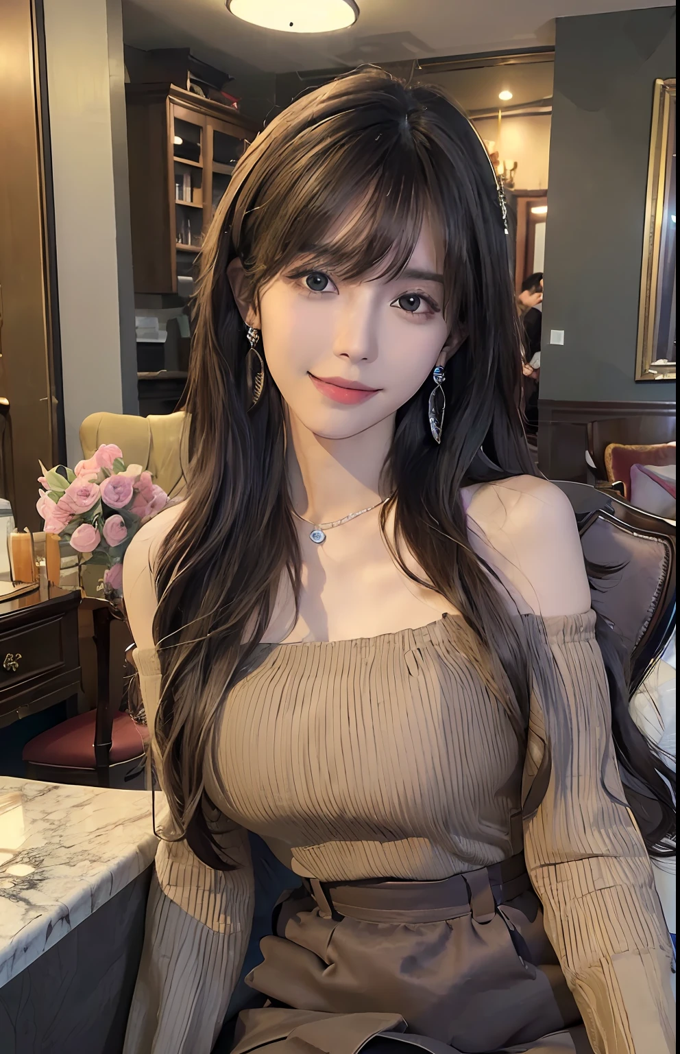 (Ultra Real), (Illustration), (High Resolution), (8K), (Very Detailed), (Best Illustration), (Beautiful and Detailed Eyes), (Best Quality), (Ultra Detailed), (Masterpiece), (Wallpaper), (Detailed Face), Solo, One Girl, Full Body, Staring Viewer, Fine Eyes and Mouth, Detailed Face, Bar Counter, In the Dark, Low Key, pureerosfaceace_v1, Smile, Long Hair, dark blonde straight hair, bangs, sitting in a chair, beautiful teeth, blushing cheeks, enchanted look, complex off-shoulder clothes, miniskirts, earrings, necklaces,