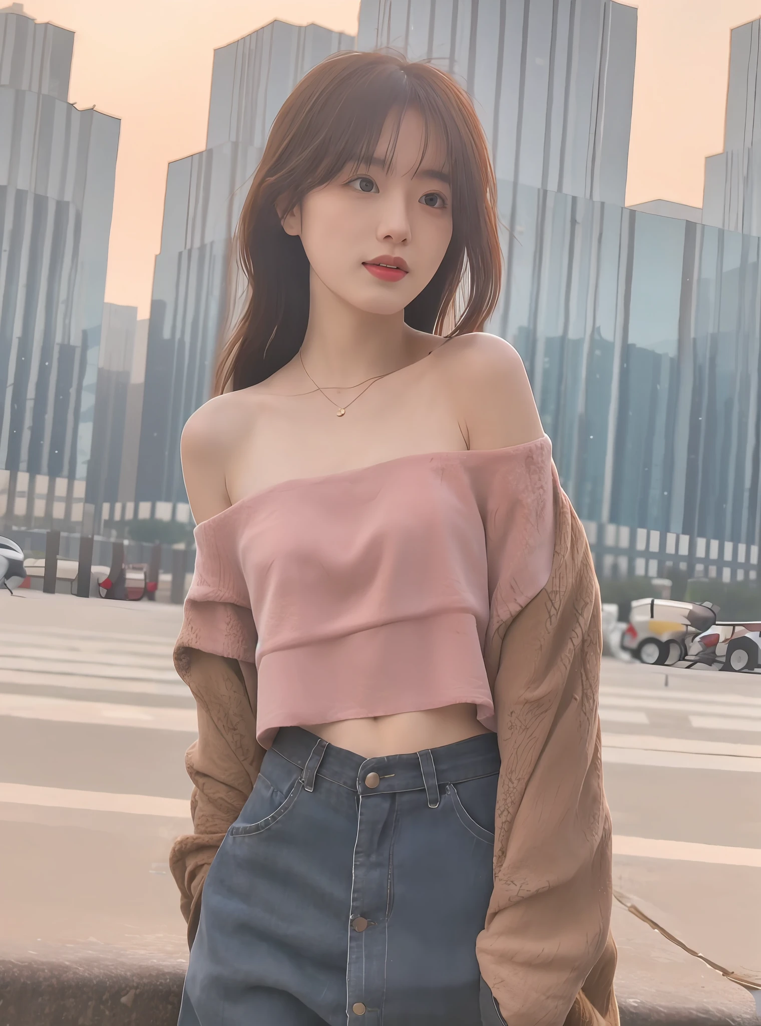 mix4,(8K,RAW photos,best qualtiy,tmasterpiece:1.2),(realisticlying,photograph realistic:1.37),1girll,adolable,view over city,the night,Sateen,soggy,profesional lighting,photon maping,Radio City,physically-based renderingt,shyexpression,Bandeau,Crop topping,Off-the-shoulder cropped top