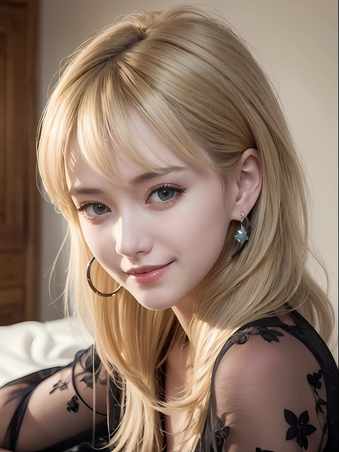 (8K images、RAW photography、top-quality、tmasterpiece:1.2)、(hentail realism、Photorealsitic:1.37)、1girl in、18yr old、Cute Baby Turtle、Professional lighting、Superior image quality、A high resolution、1080p、(Clear face)、(Detailed face description)、(Detailed hand description)、(exquisite CG)、extreme light and shadows、 Sexy underwear figure、(The blonde:1.3)、full body Esbian、messy  hair, lush detailing, (Exquisite facial features), (Top image quality),  (Eye of detail),Happy smiling face、beautiful teeth alignment、Look at your audience、Dark eyeliner、Small earrings、beautiful bangs、poneyTail、natta、Indirect lighting、Bedrooms、Lie down in bed、