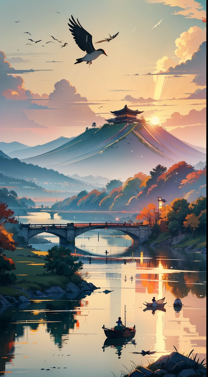 Embroidery，Leaning over，Yamabara has a clear view，Kawasawa was shocked。Lu Yan flew to the ground，Bells Food House；Shipultyazu，The home of the Green Sparrow Yellow Dragon Armour。The clouds are raining，Cai Che District Ming。The sunset and the solitary crane fly together，The autumn water is the same for a long time。Fishing boats sing late，Sounded the shore of poor Penley；The wild geese were frozen，The sound cuts off the shop of Hengyang。(Sunset landscape painting)，((The vista is a huge sunset over the skyline))，(Connected to the lake)，((Flying birds))，((Several ships))，Autumn tones，（an Chinese ink painting style），（Masterpiece），（Extremely detailed picture description），（8k wallpaper），（Master painting），（Noticeable light and shadow effects），（Ray traching），（Obvious layers），（depth of fields），（best qualityer）,Ray