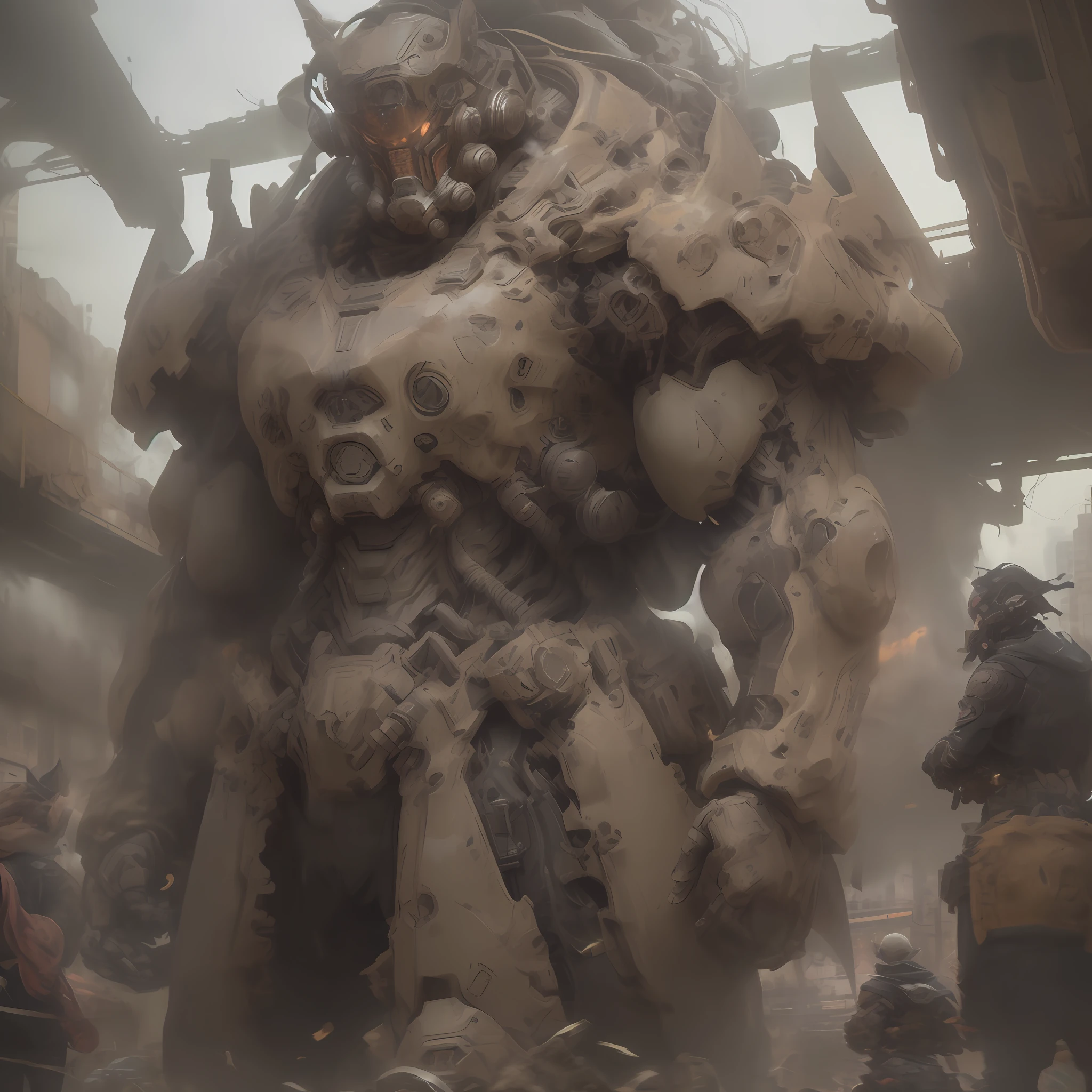 Large mechs walking through the city, fighting stance, (The ruined city and mech in the background are in chaos, rusty metal and missing parts reveal an atmosphere of destruction and chaos.) The dark atmosphere has the effect of increasing smoke and dust, enhancing the realism of the picture. Make sure the details are handled properly and the artwork resolution needs to be at least 8K to ensure the best visual effect. ):0.8, (please use the cruel color theme): 0.2,
