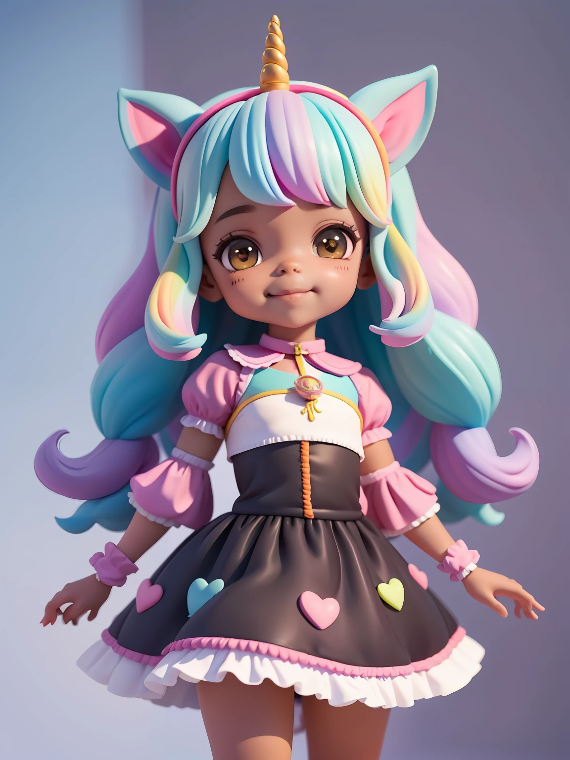 Loli cute menina negra bonita e fofa, tema princesa, unicorn, castelo, sorriso claro, corpo inteiro, :3, fundo tom pastel , colorido e simples.