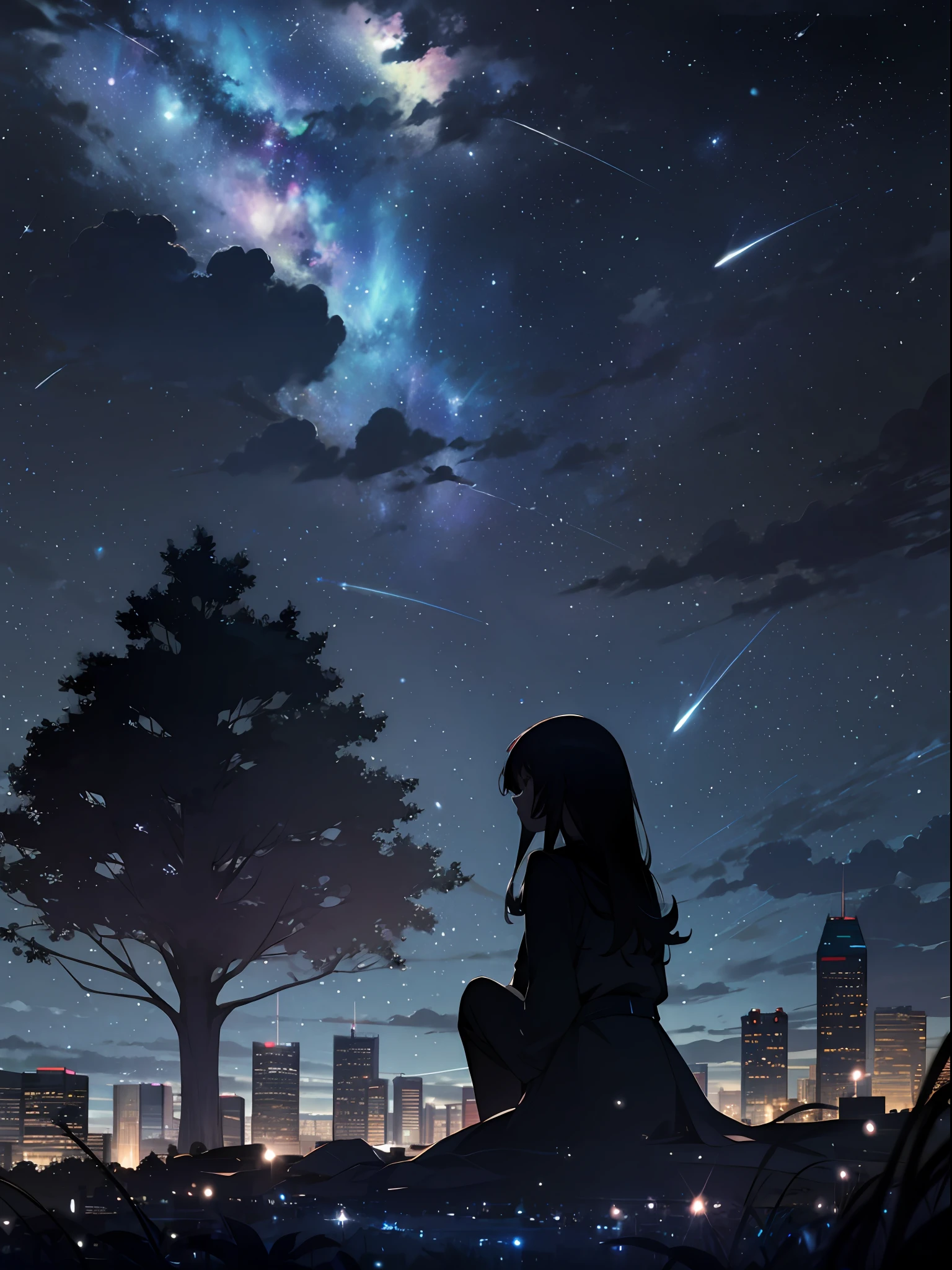 sky, star (sky), scenery, starry sky, night, 1girl, night sky, solo, outdoors, building, cloud, milky way, sitting, tree, long hair, city, silhouette, cityscape