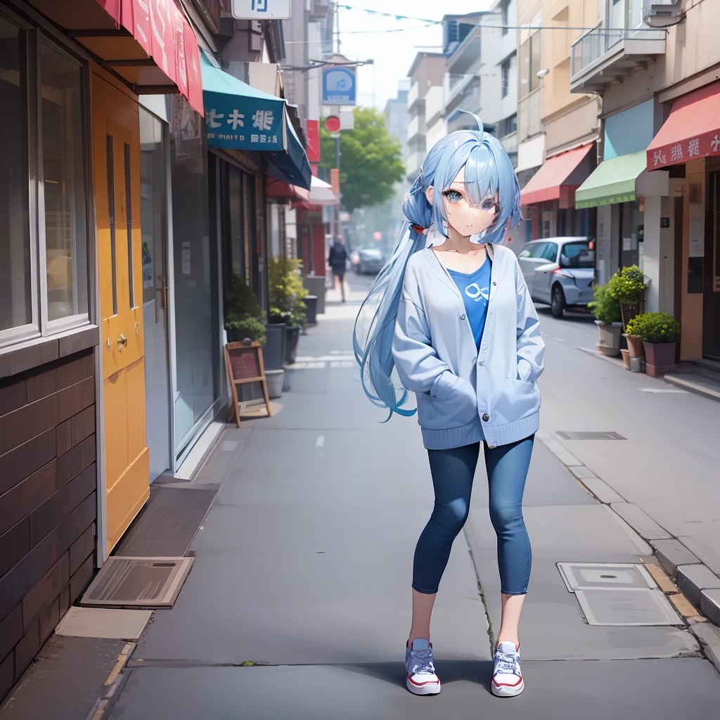 Anime style、1人、full body Esbian、expressionless face、{hairstyle on:(one eye covered),(Cover your right eye),(blue hairs),(Twin-tailed),(Ahoge)},blue eyess,light blue cardigan,White inner shirt,jeans,Blue sneakers,facing front,to stand,