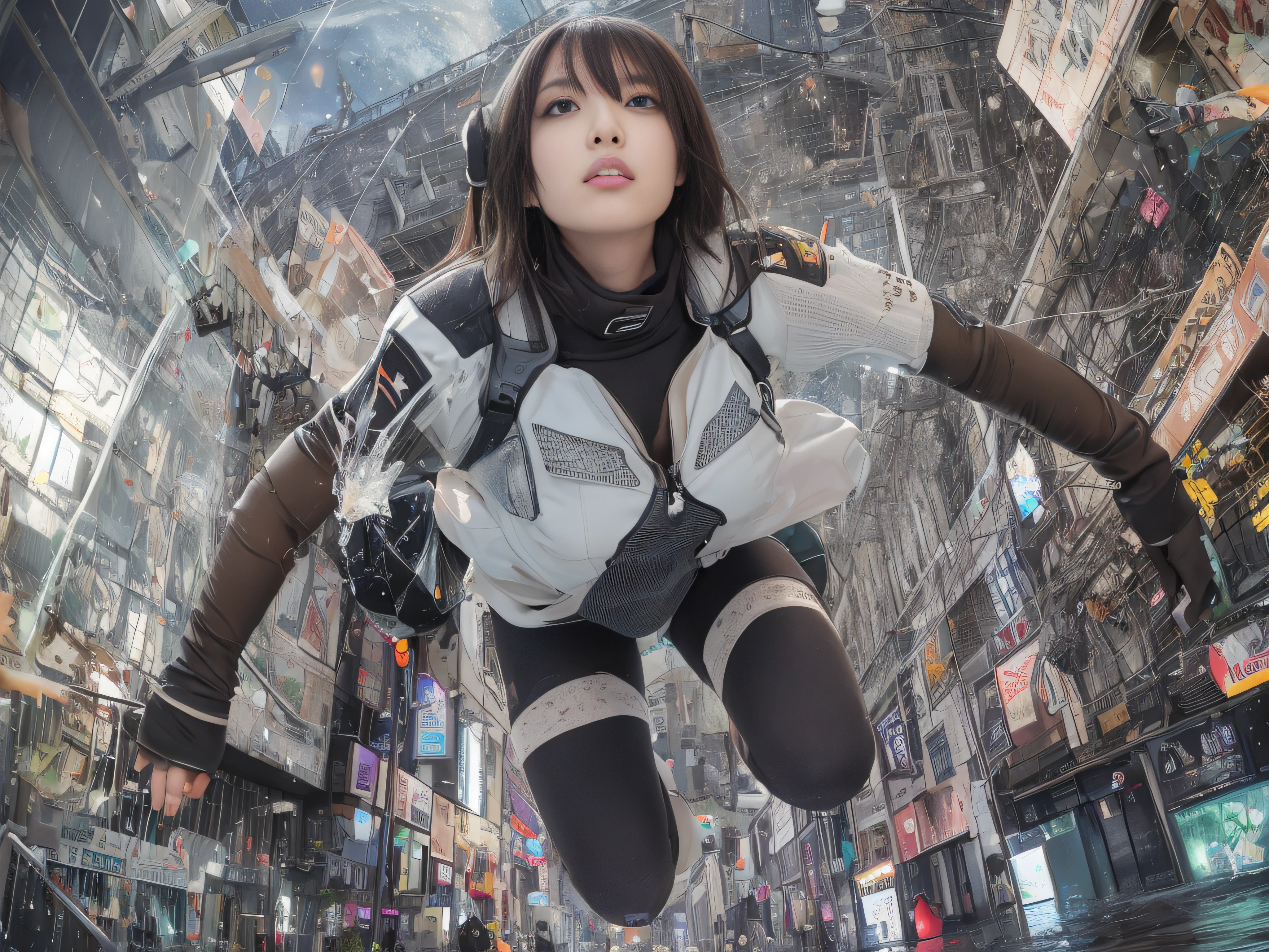 Top image quality, 电影灯光, octan render, ultrasharp, 1 girl in, japanes, embarassed face, glowy skin, Brown hair, Futuristic pilot suit, cleavage of the breast, Exposure of the abdomen, intricate detailes, Runaway, Running at full speed, Breaking through the glass, Flying glass fragments, cyberpunked, Night sky with countless stars twinkling, Shining Milky Way, Heavy rain:1.3, Ruins, Laser beam attack, big explosion:1.3, Pillar of fire:1.2, A city engulfed in flames, floods, wetting hair:1.5, wetted skin:1.5, puddle, Detailed eyes, detailed skin textures, cammel toe, Detailed CG image quality, 8mm fisheye lens, Angle looking up from below:1.2, (Full Body Angle), The whole body is soaking wet, Fast shutter speed,