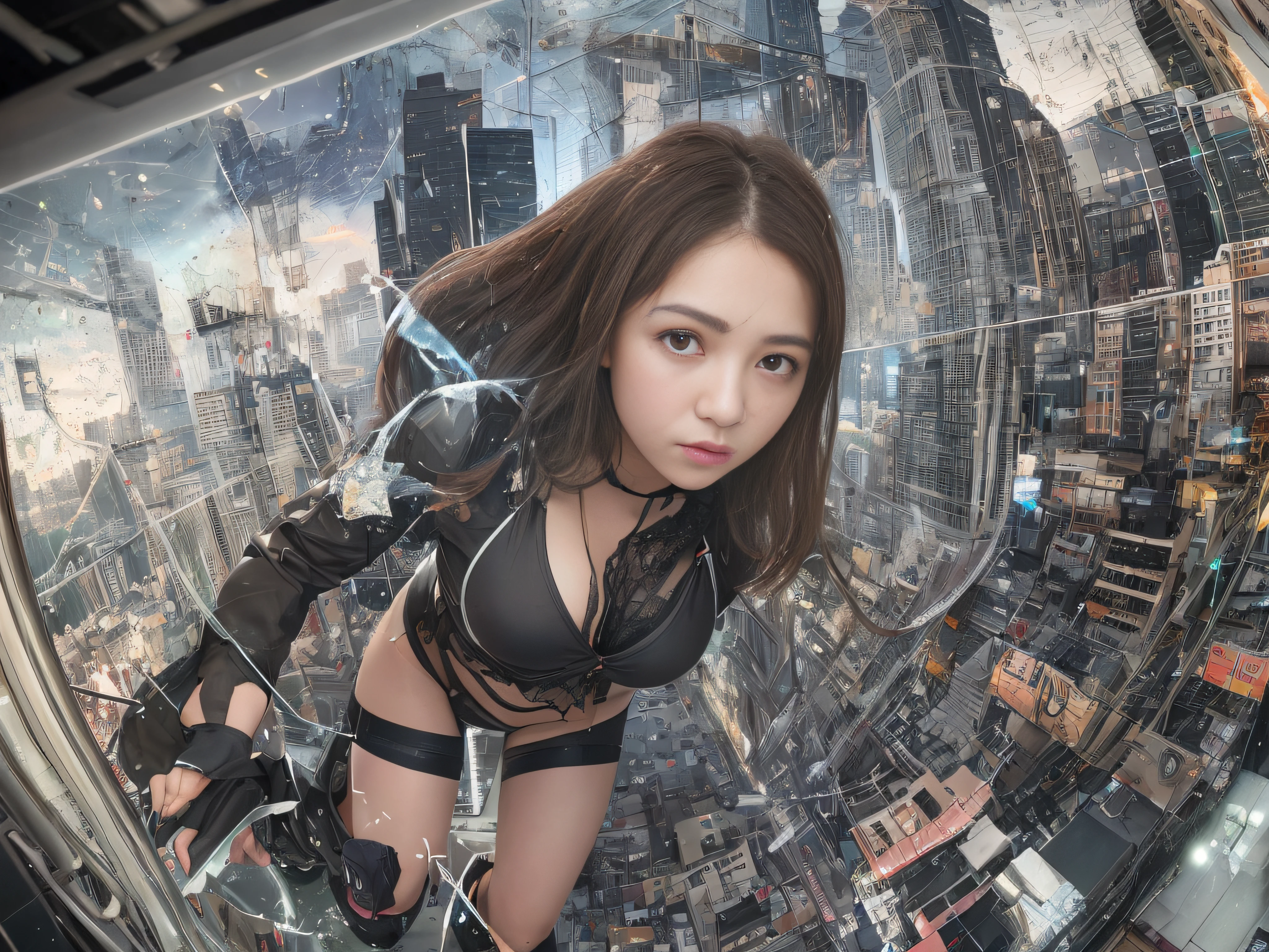 Top image quality, 电影灯光, octan render, ultrasharp, 1 girl in, japanes, embarassed face, glowy skin, Brown hair, Futuristic pilot suit, cleavage of the breast, Exposure of the abdomen, intricate detailes, Runaway, Running at full speed, Breaking through the glass, Flying glass fragments, cyberpunked, Night sky with countless stars twinkling, Shining Milky Way, Heavy rain:1.3, Ruins, Laser beam attack, big explosion:1.3, Pillar of fire:1.2, A city engulfed in flames, floods, wetting hair:1.5, wetted skin:1.5, puddle, Detailed eyes, detailed skin textures, cammel toe, Detailed CG image quality, 8mm fisheye lens, Angle looking up from below:1.2, (Full Body Angle), The whole body is soaking wet, Fast shutter speed,