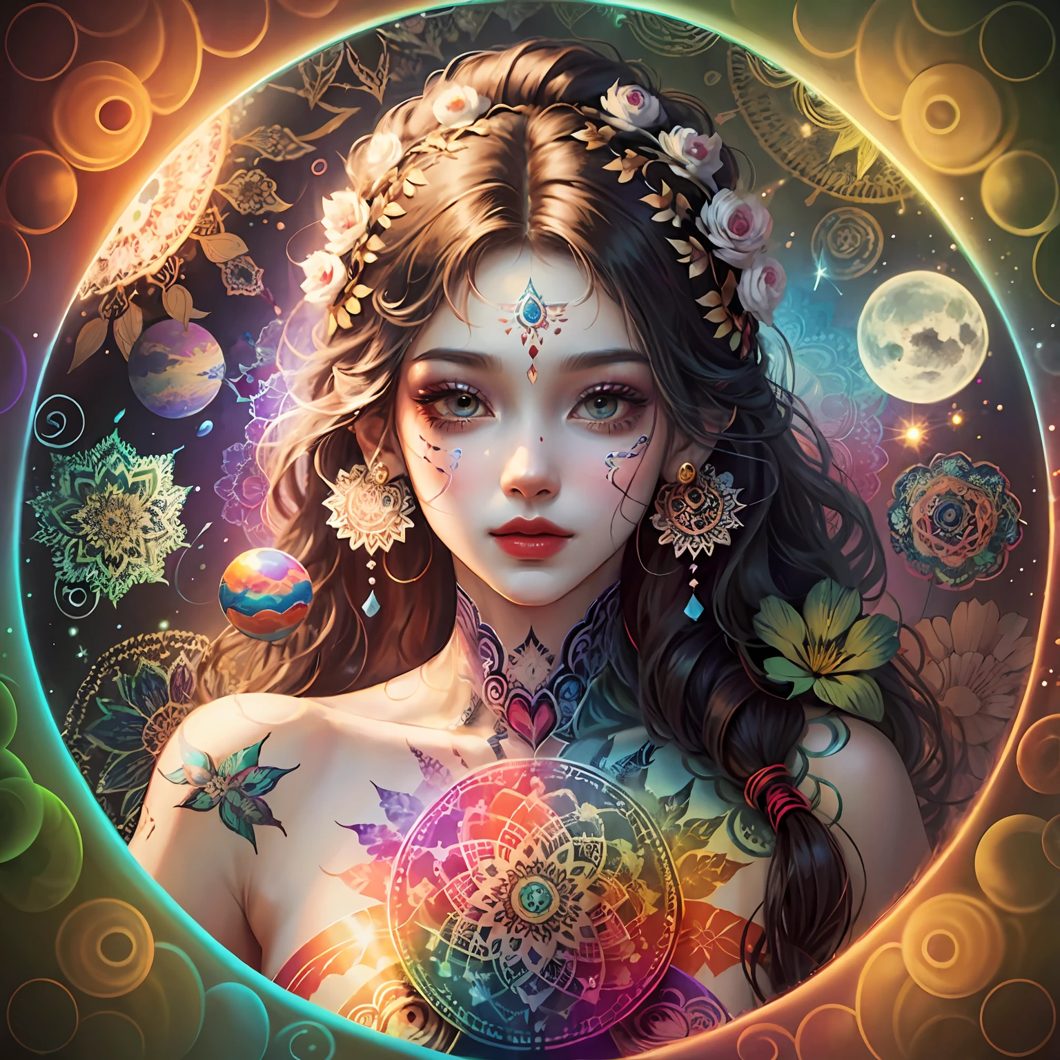 woman's body with, saturated colors, psychedelic image, LSD, mandala, fractral, fantasy, body painting