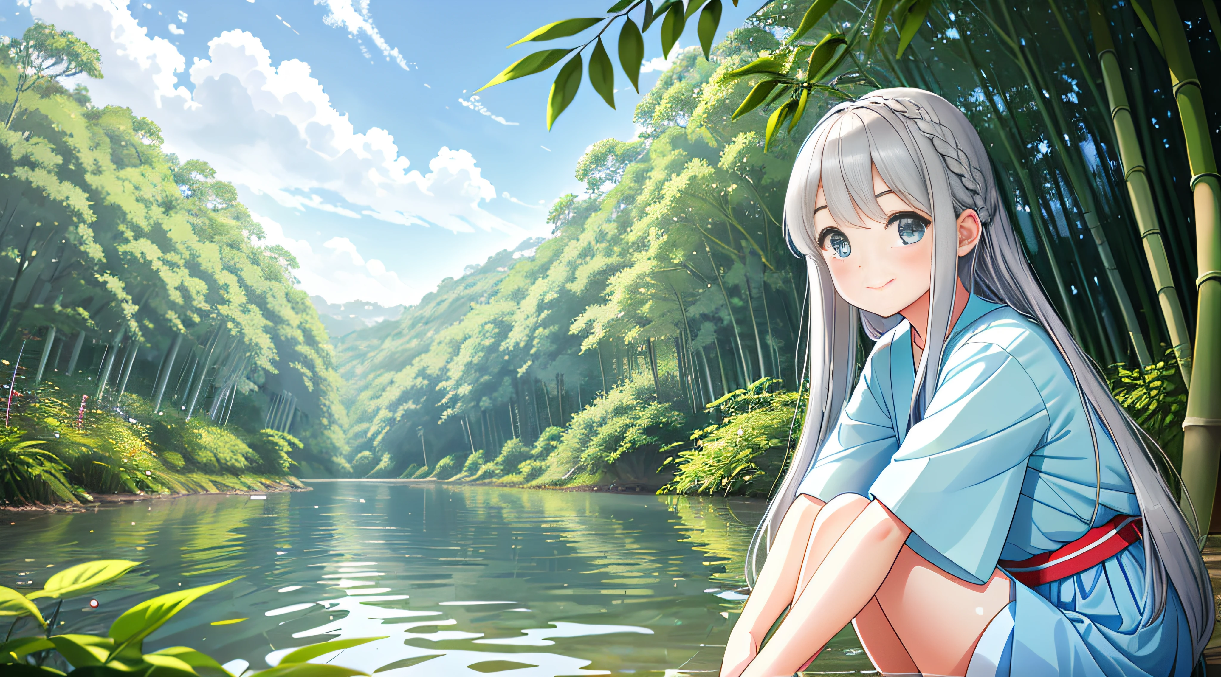 In a blue sky，There are seven rainbows of summer in the bamboo forest under the daytime，and the sun was shining brightly，There is soft natural light, dingdall effect，An intimate portrait of a young girl about eighteen years old，The girl's appearance is thick eyebrows，There are big watery eyes，The girl has long silver hair，Bangs between the eyebrows，Double up braid，The head is worn with ornaments of rabbit ears，She blushed，Sitting alone on a wooden pier in light blue Hanfu，A wooden pier juts out onto the tranquil lake，The girl smiled and looked at the viewer，Hands resting naturally and easily on your knees，A happy smile on his face。The sun casts a warm glow on the scene，Illuminates the ripples in the water，Cast a soft shadow on the girl's face。Behind her，A dense forest stretches into the distance，The green bushes contrast with the pale blue sky above。Despite the tranquility of the surroundings，But there was a clear sense of joy in the girl。