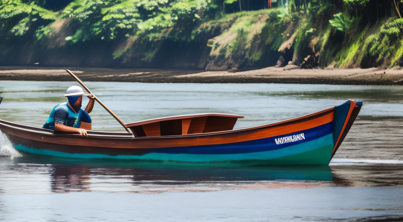 um homem num barco a margem de um rio