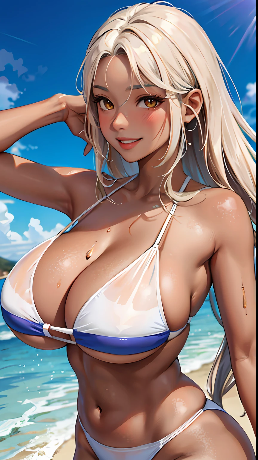 with brown skin(tmasterpiece,:1.2,best qualityer),(1lady,独奏,Upper body body:1.2),garments:Swimwear accessories:Issuing ,naturey,Glowing skin,Brown skin behavior:Shyness blush,Smile location:Bedrooms,Brownish-yellow eyes,gigantic cleavage breasts,long white hair,with brown skin