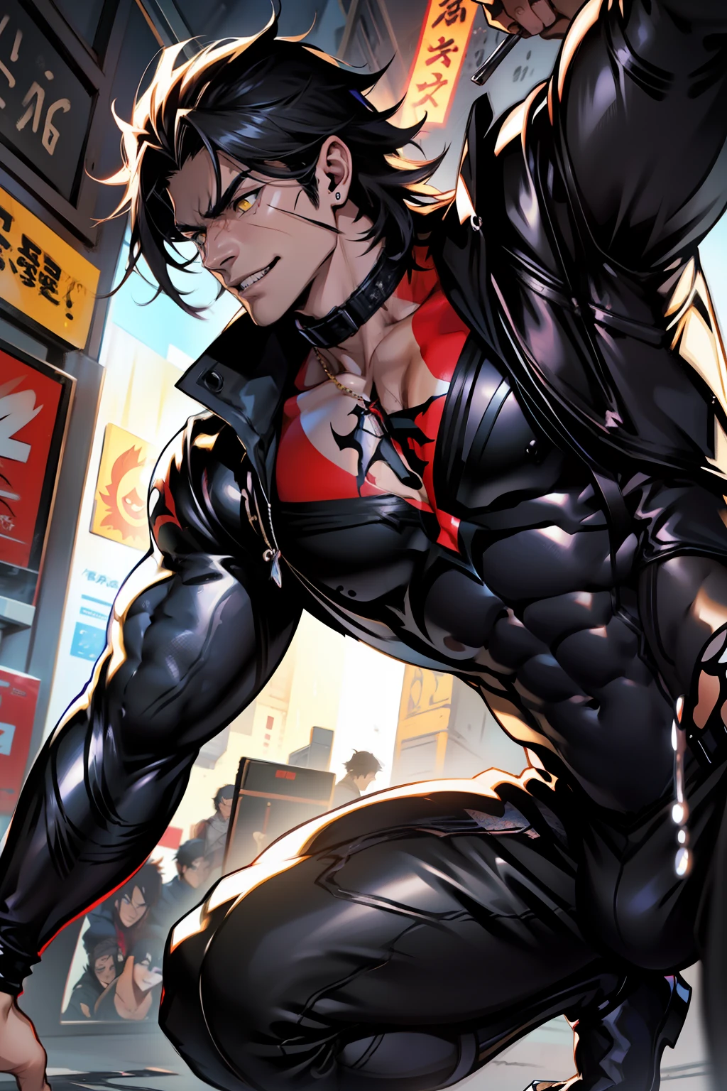 《the original god》Arataki Kazuto , male people, chest muscle, Sexy , Venom symbiote for your body, Black mucus of the body , into venom, venomize,Black bodysuit,(Cloak),Red cape,Abs,(Adult male)((Venom possession,venom symbiote)),over-Tortoise Man,Battle damage,((Masterpiece)), ((Best quality)), Ultra detailed,((illustration)), Dynamic Angle, Detailed light, (Delicate eyes), Floating, 1boy, Male focus, Head, Clothing, Yellow eyes, necklace, tattoo, (Forehead:0.8), (ahoge:0.8), jewelry, brunette color hair,apathy,Ray, chest muscle, Sexy , Venom symbiote for your body, Black mucus of the body , (into venom), Venom,frontage,Bust photo,White tight-fitting top,spiderman outfit,style of anime4 K, 4K anime wallpaper, Badass anime 8 K, 4 k comic wallpaper, young anime man, Anime boys, Anime wallpapers 4 k, Anime wallpaper 4K, High quality anime art style, Anime moe art style, Anime art wallpaper 8 K, Anime art wallpaper 4 K, RGB lighting