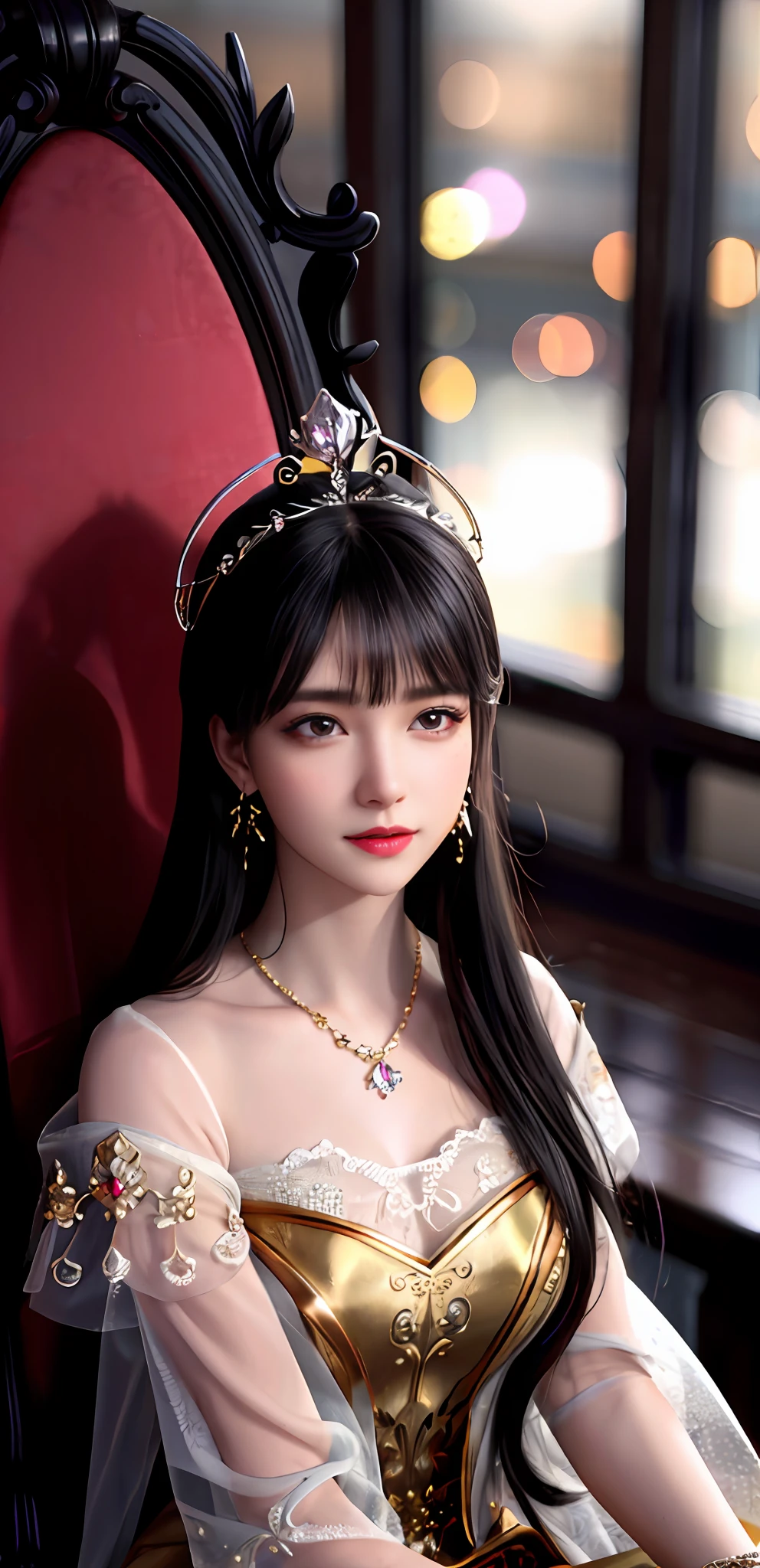 (realisticity: 1.2), (best resolution: 8K UHD), best quality, high quality,  masterpiece, highres,cg,
1 super detailed girl, super detailed queen

, sitting on a super detailed royal throne, lud, xurious royal palace background, beautiful and detailed, super detailed long hair, wearing a beautiful and luxurious crown with diamonds and super detailed,

super detailed dress, Super detailed dress sleeves, super detailed beautiful earrings, Beautiful and beautiful necklace full of super detailed diamonds,  
 solo, jewelry, super detailed red and yellow dress, pretty face, beautiful, and super detailed, 

, earrings, super detailed hairdo, splashing, the upper body is very super detailed, super detailed hair bun, super detailed black hair,
lighting,candid,Photograph,high resolution, 8k,Bokeh,