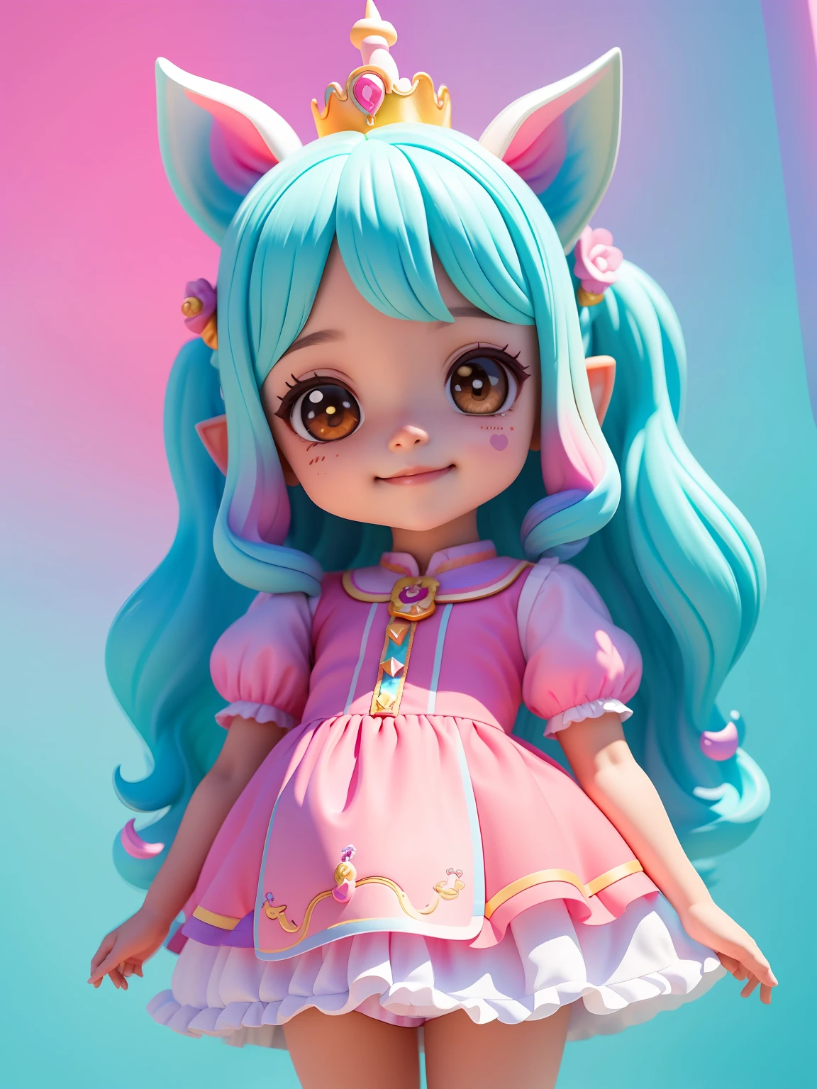 cute meniena bonita e fofa, tema princesa, unicorn, castelo, sorriso claro, corpo inteiro, :3, fundo tom pastel , colorido e simples.