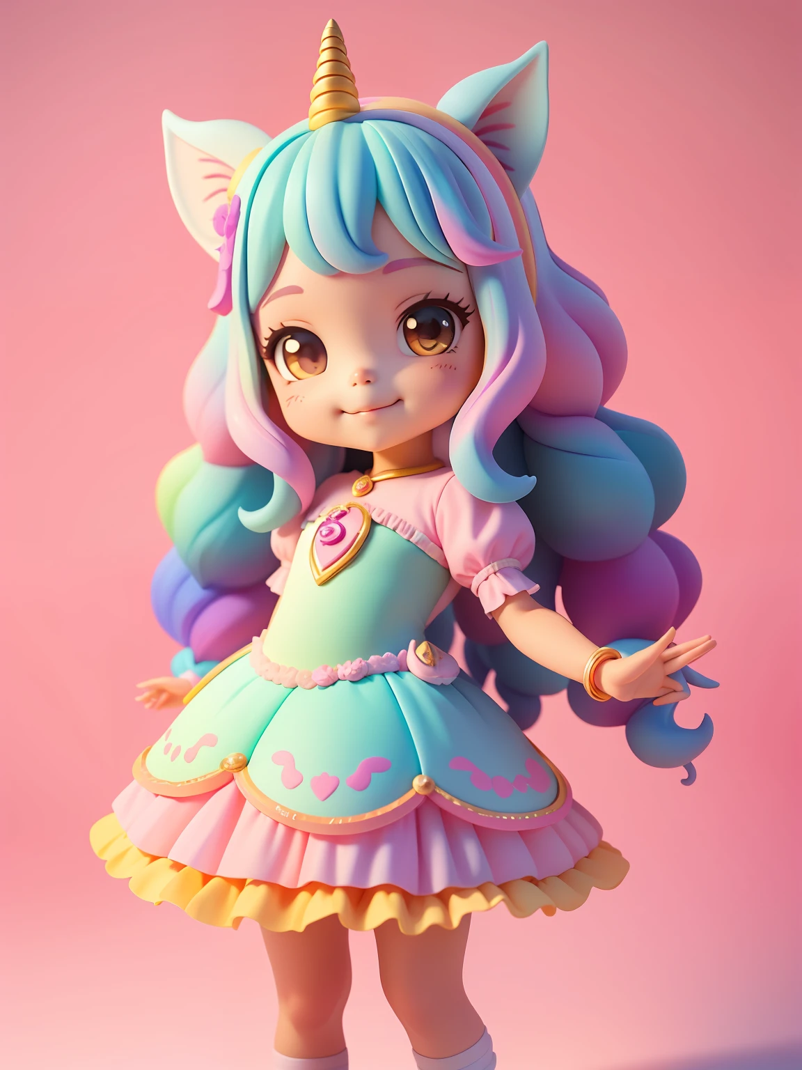 Loli cute menina morena bonita e fofa, tema princesa, unicorn, castelo, sorriso claro, corpo inteiro, :3, fundo tom pastel , colorido e simples.