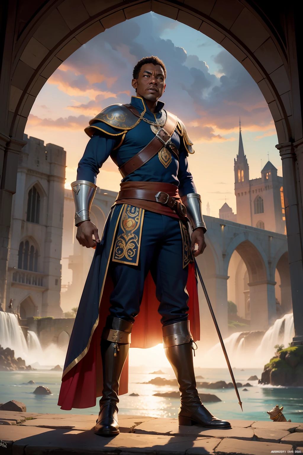 realista, homem de 40 anos, afrodescendente, pele negra, alquimista, Traje medieval, fantasia, Armadura medieval, Pants, mundo, corpo inteiro
