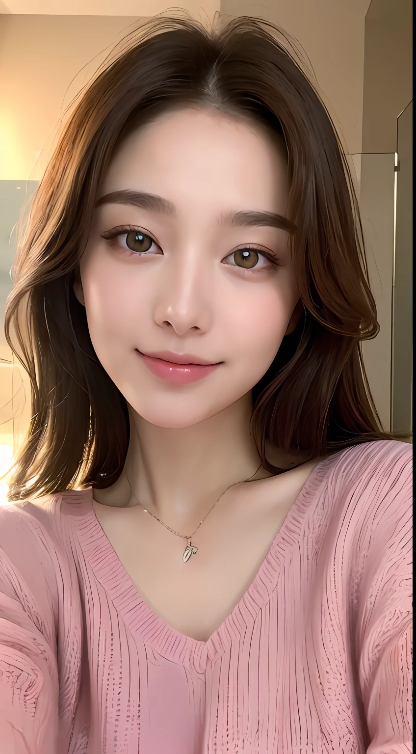 ((Night, Realistic Light, Best Quality, 8K, Masterpiece: 1.3)), 1 Girl, Slim Beauty: 1.4, Abs: 1.1, (Brown Hair, Big: 1.3), Long Pink Sweater: 1.1, Bathroom, Super Beautiful Face, Delicate Eyes, Double Eyelids, Smile, Necklace