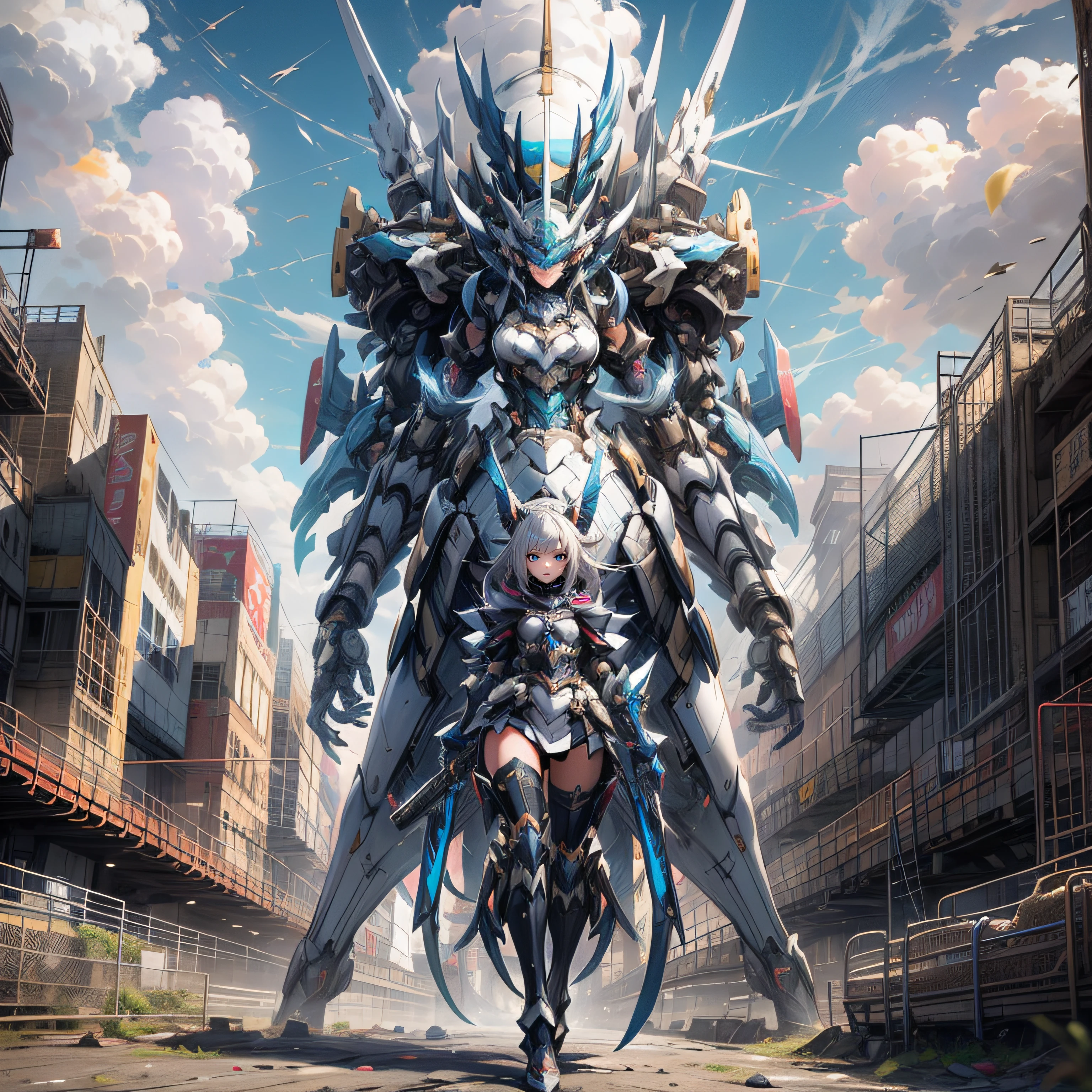 Anime characters standing in a city,Has a huge robot-like body, Best anime 4k konachan wallpaper, Mechanized Valkyrie girl, 2. 5 D CGI anime fantasy artwork, cyberpunk anime girl mech, modern mecha anime, giant anime mecha, Badass anime 8 K, girl in mecha cyber armor, mecha anime, Anime epic artwork