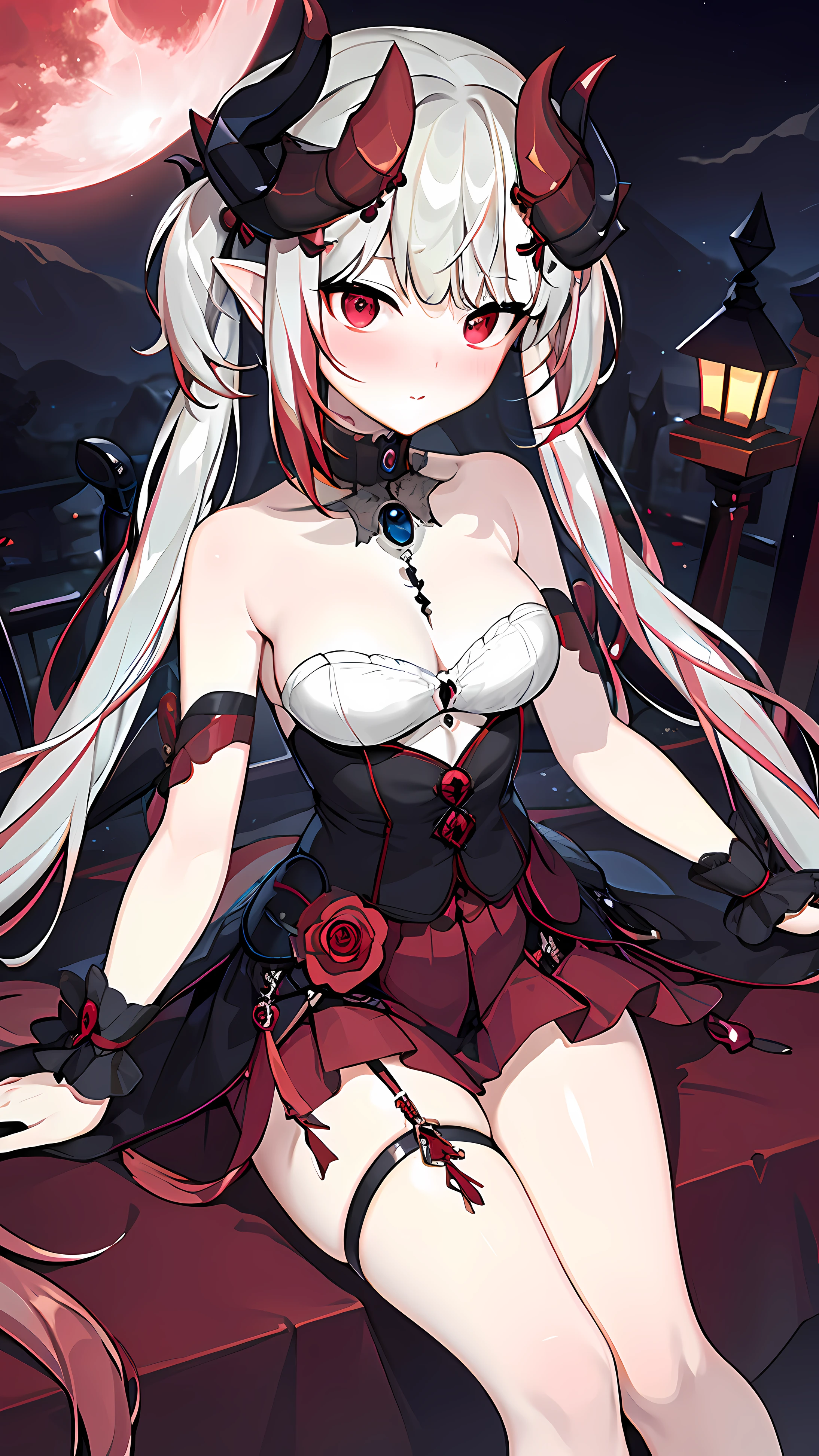 ((masterpiece, top-quality, Extremely precise))、1girl in, 独奏, red eyes, ((Detailed and beautiful eyes))、silber hair, Red striped hair, demon girls, demon tail, demonic wings, demonic horns, Square pupil, (mideum breasts), a street, full bodyesbian, (natta, nigh sky, Red Moon), (Winters)