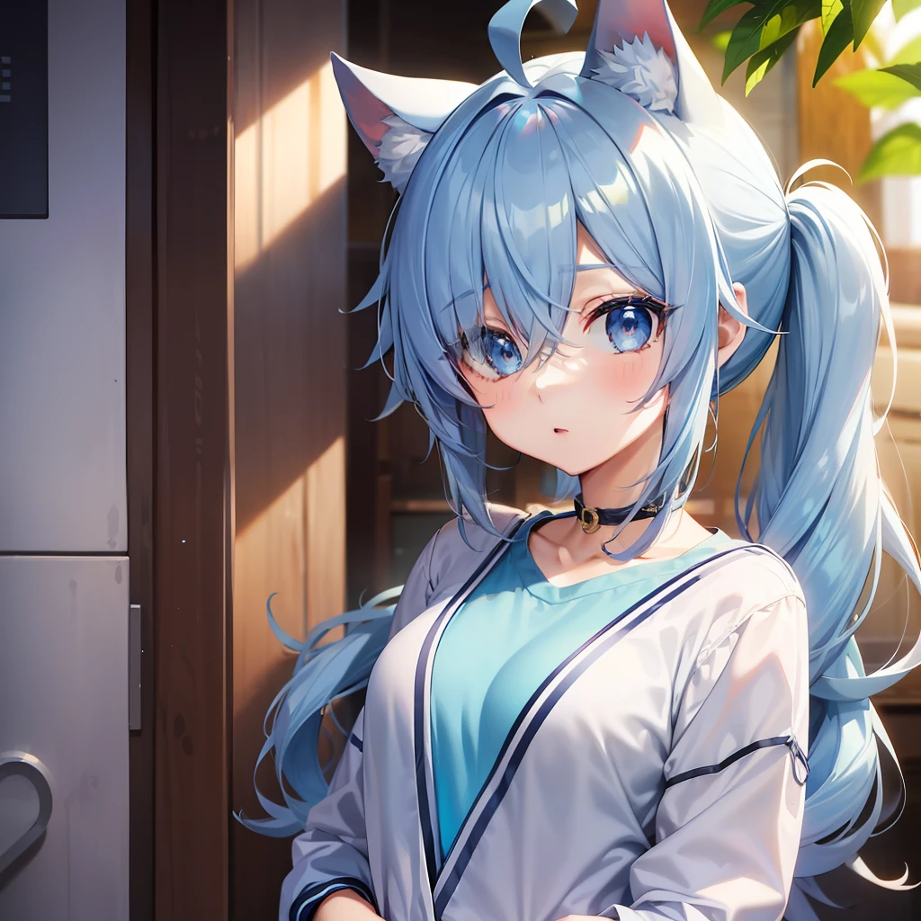 Anime style、1人、full body Esbian、expressionless face、{hairstyle on:(one eye covered),(Cover your right eye),(blue hairs),(Twin-tailed),(Ahoge)},blue eyess,light blue cardigan,White inner shirt,jeans,Blue sneakers,facing front,to stand,