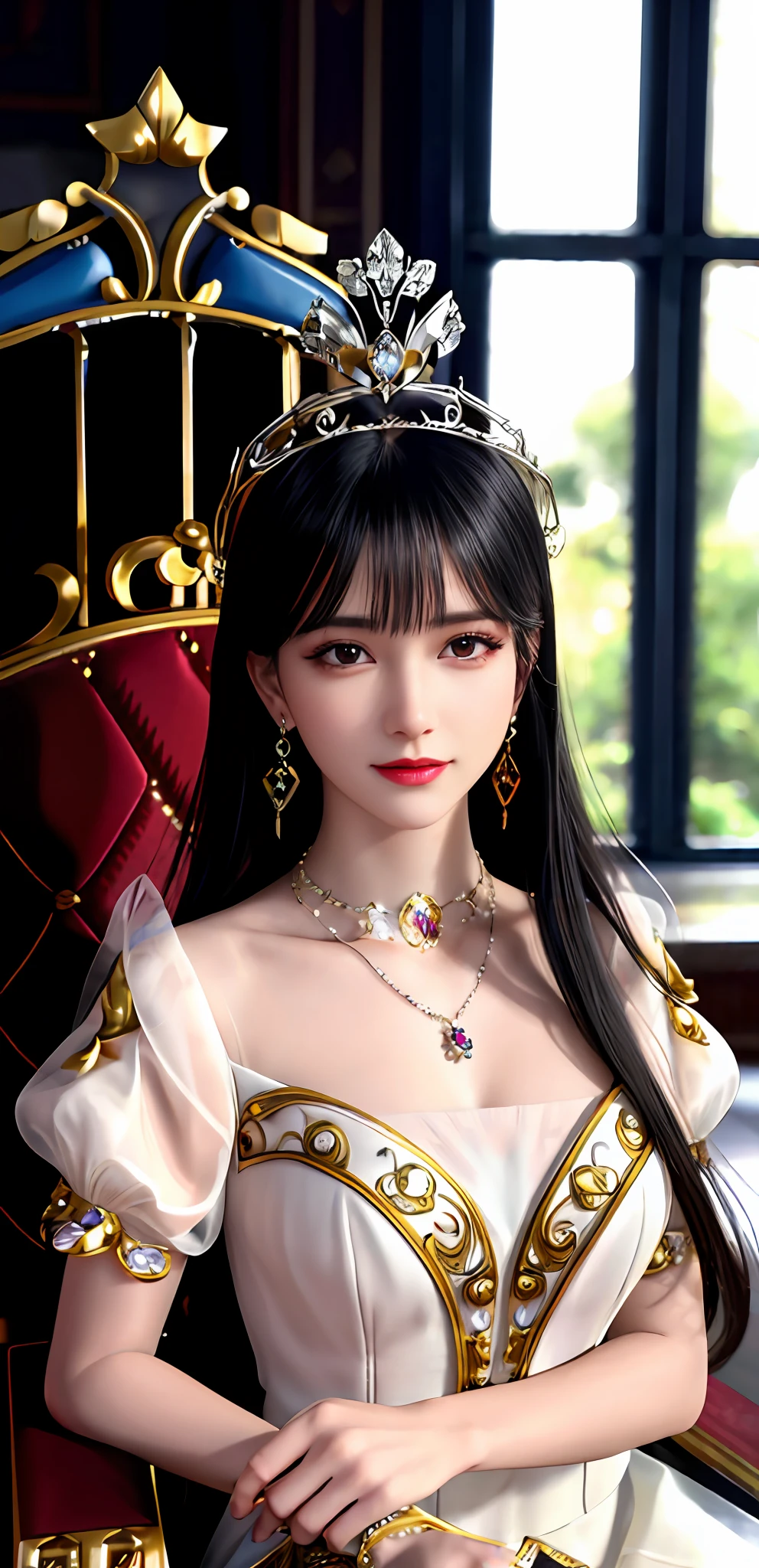 (realisticity: 1.2), (best resolution: 8K UHD), best quality, high quality, masterpiece, highres,cg,
1 super detailed girl, super detailed queen
, sitting on a super detailed royal throne, lud, xurious royal palace background, beautiful and detailed, super detailed long hair, wearing a beautiful and luxurious crown with diamonds and super detailed,
super detailed dress, Super detailed dress sleeves, super detailed beautiful earrings, Beautiful and beautiful necklace full of super detailed diamonds,
solo, jewelry, super detailed red and yellow dress, pretty face, beautiful, and super detailed,
, earrings, super detailed hairdo, splashing, the upper body is very super detailed, super detailed hair bun, super detailed black hair,
lighting,candid,Photograph,high resolution, 8k,Bokeh,