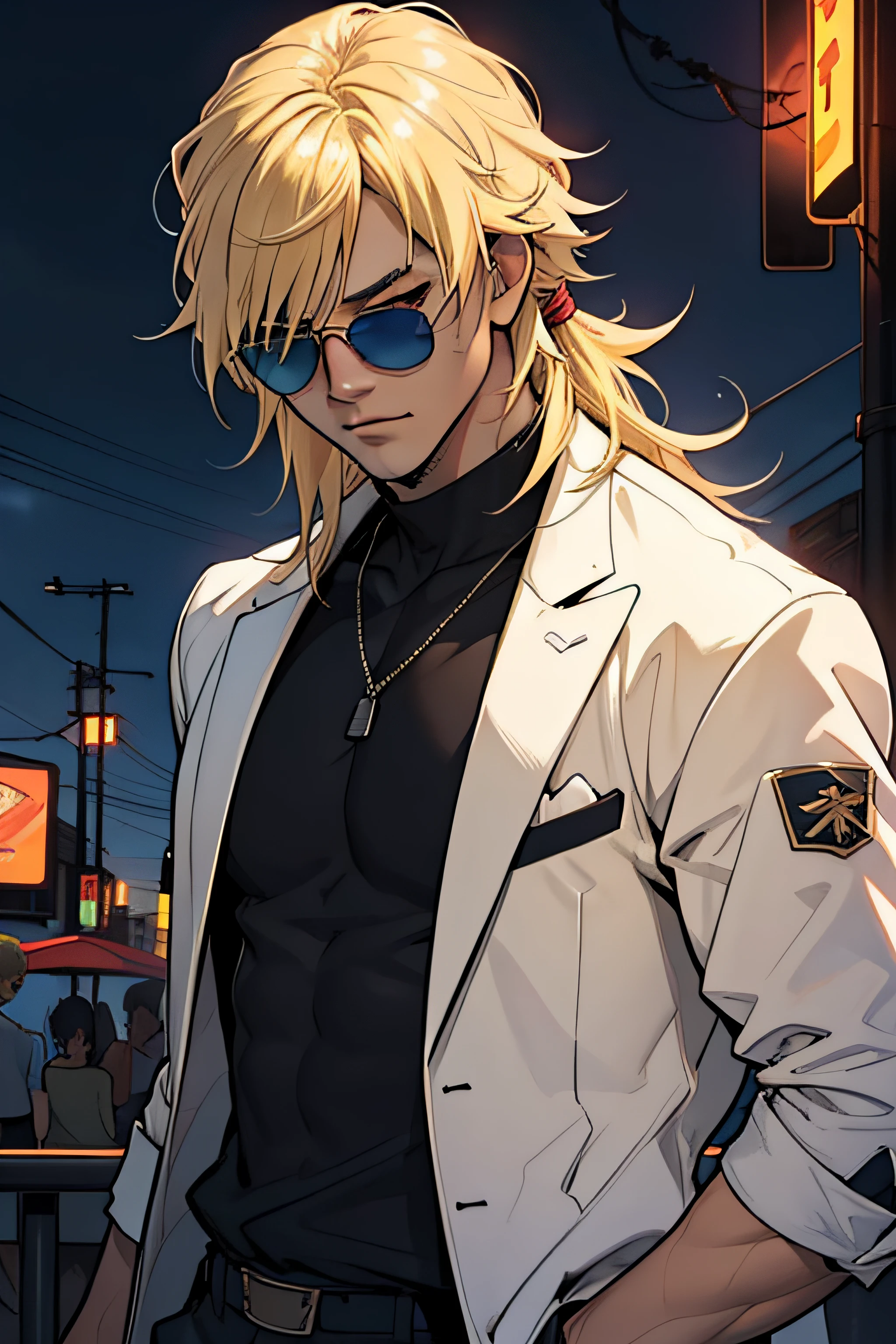 Thunder, Homem corpo adulto, ((cabelo blond)), roupas Satoru gojou, ((sunglasses)), fundo neon, cabelo longo, mastigando chiclete, bar, thunder, thunder ao redor