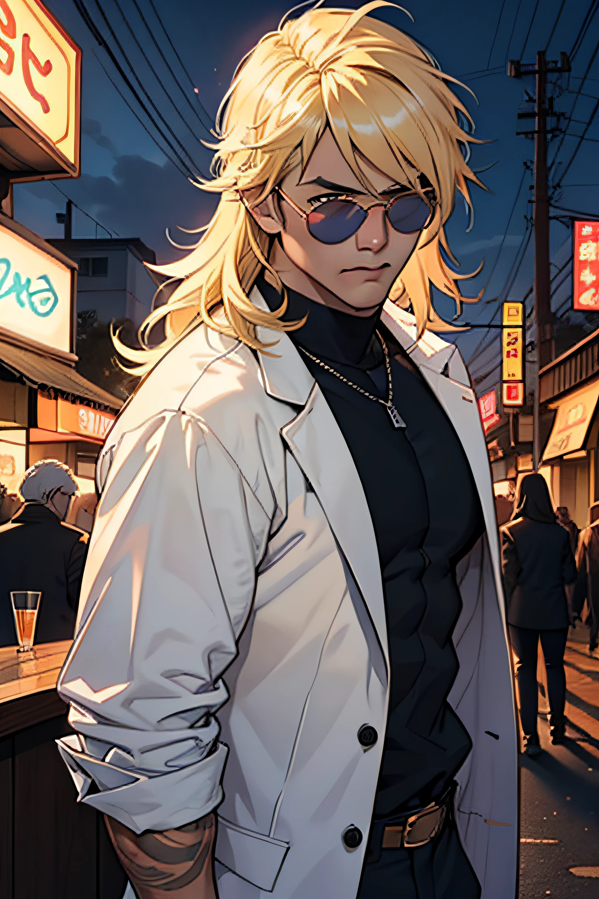 Thunder, Homem corpo adulto, ((cabelo blond)), roupas Satoru gojou, ((sunglasses)), fundo neon, cabelo longo, mastigando chiclete, bar, thunder, thunder ao redor