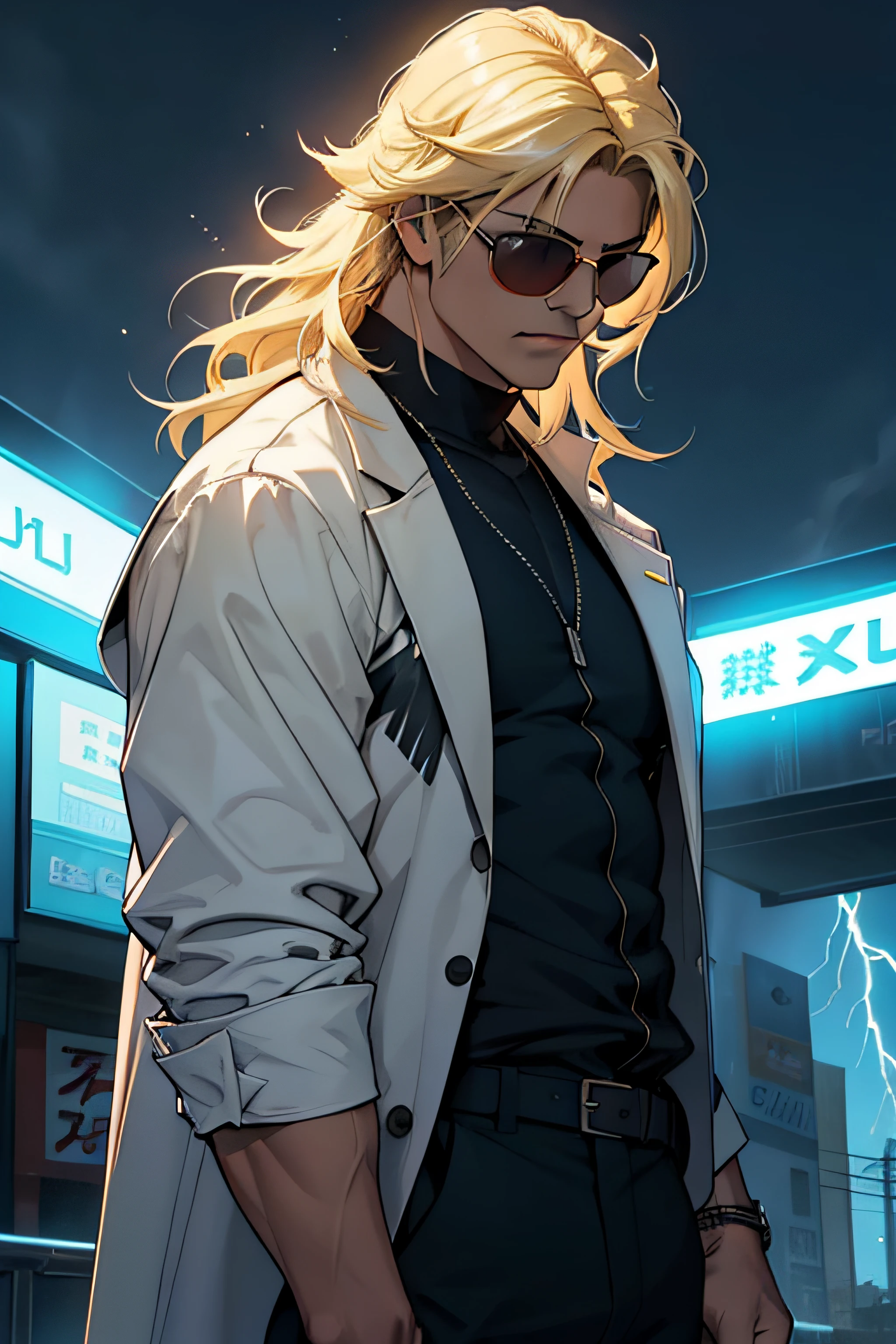 Thunder, Homem corpo adulto, ((cabelo blond)), roupas Satoru gojou, roupas escuras, ((sunglasses)), fundo neon, cabelo longo, mastigando chiclete, thunder around, bar, thunder, thunder ao redor