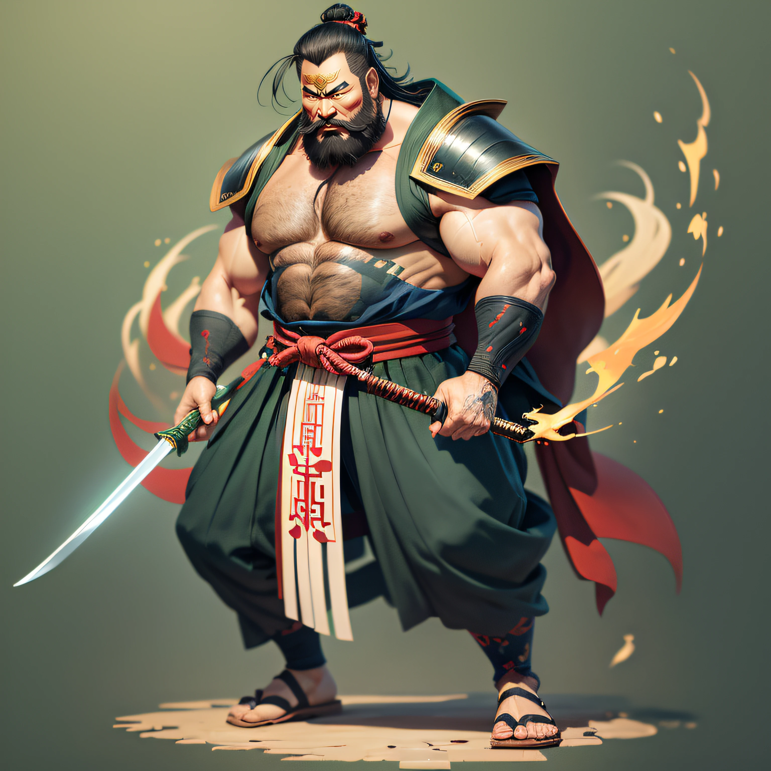 Alphad man dressed in green，Armed with a sword and a beard, Guan yu, G Liulian art style, bian lian, chengwei pan on artstation, by Raymond Han, Inspired by Hu Zaobin, Feng Zhu concept art, picture of an adult male warrior, fighting game character, author：Chen Jiesheng, Stunning character art