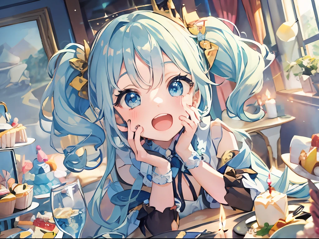 Best quality, tmasterpiece, A 12-year-old girl,Long light blue hair and blue eyes,Put your hands together and close your eyes to make a wish,Happy expression,At the dinner table at home,Birthday cake on the dinner table,Clear facial features