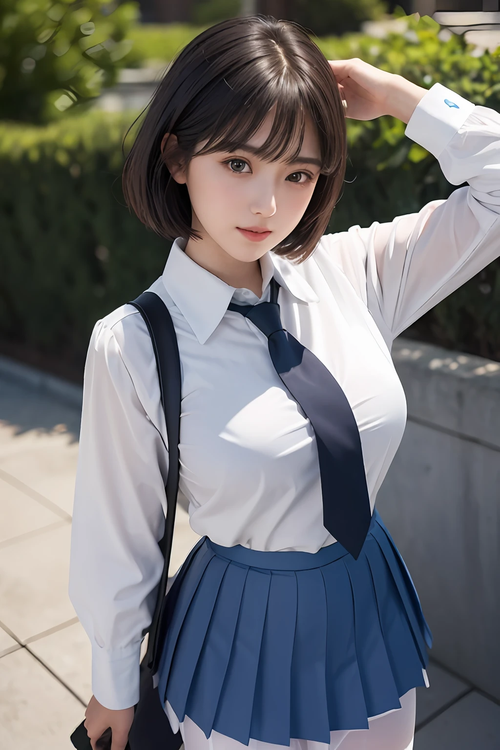 8K, Best quality, Real picture, Intricate details, Ultra-detailed, 超A high resolution, Depth field,(Photorealistic,Realistic:1.2),Masterpiece, 0.25 :: Close-up , straight shot , From miiddle ,1girll, 。.。.。.。.。.ai_Zen Buddhism, an extremely beautiful 17-year-old girl, innocent big eyes, (brown_short_Hair), (Green_Eyes:1.0),(Bangs Aviation),Disheveled hair,(hair pin), Perfect shiny skin, Flawless skin, Fair skin, Huge breasts, cleavage, Narrow waist, Light blush, Solo, view the viewer, Light smile,chubby  under the clothes, Sweat,Wearing ((school_uniform), (White_Skirt),(Blue_Long_tie), (Blue_pleated_Skirt), (black_Pantyhose) :1.2), (Gravure pose :1.1),Sunset ,high school in Japan ,（jiayi：1.5）， closeup cleavage， tmasterpiece， best qualtiy， RAW photogr， realisticlying， the face， Incredibly Ridiculous res， depth of fields， A high resolution， ultra - detailed， finedetail， The is very detailed， Extremely detailed eyes and face， Sharp pupils， realistic pupil， tack sharp focus， cinmatic lighting