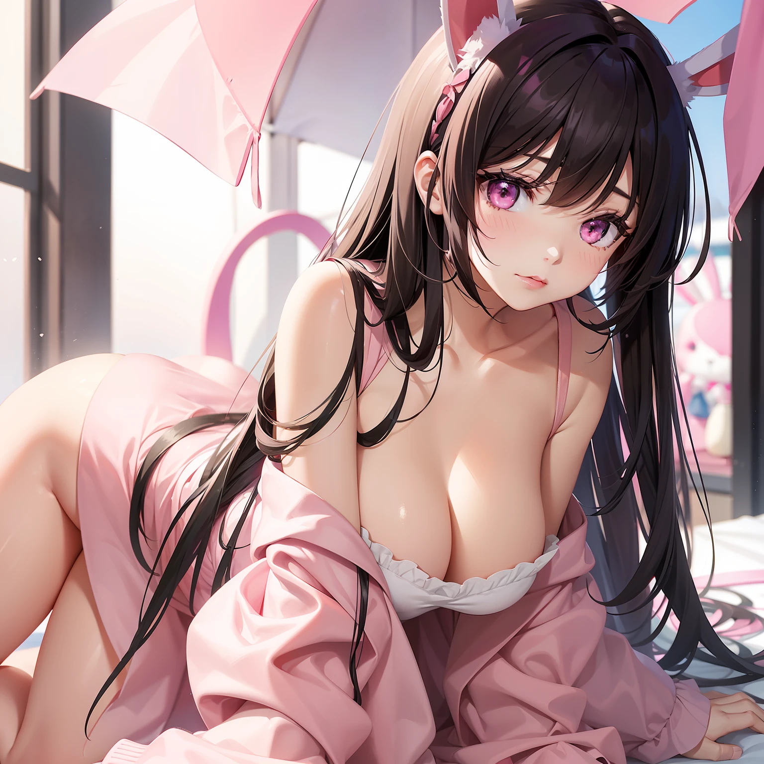a women, pink bunny ears, black hair, pink eyes, pink dress