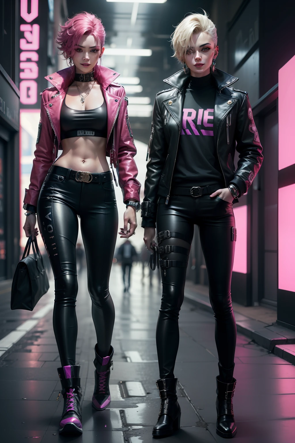 Arte Cyberpunk, androgynous appearance, glam rock, rockstar , sorridente, fullbody clothes, androgen