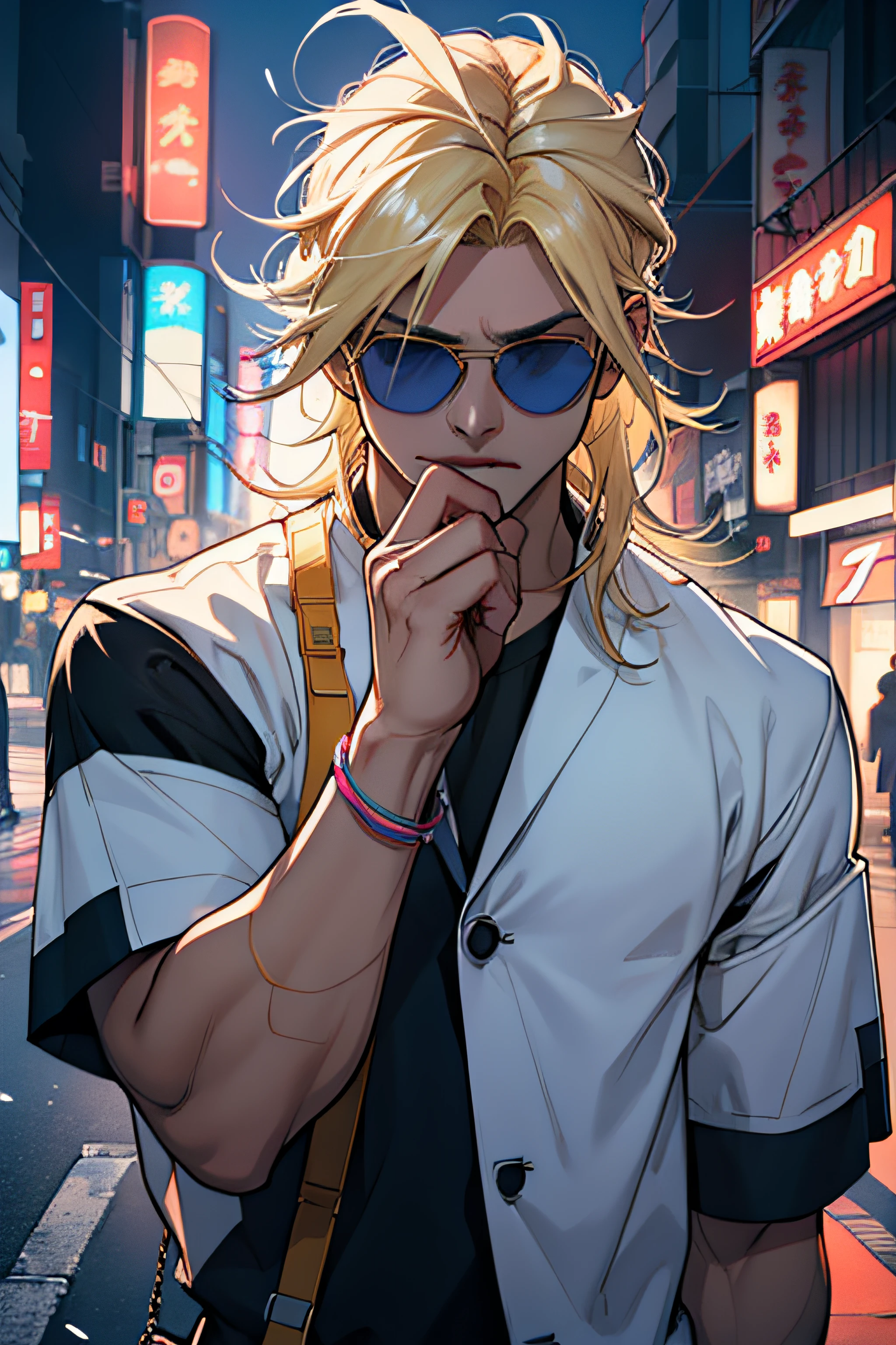 Thunder, Homem corpo adulto, ((cabelo blond)), roupas Satoru gojou, roupas escuras, ((hands on sunglasses)), fundo neon, fundo Tokyo, cabelo longo, bola de chiclete na boca, thunder around, bar, thunder, thunder ao redor