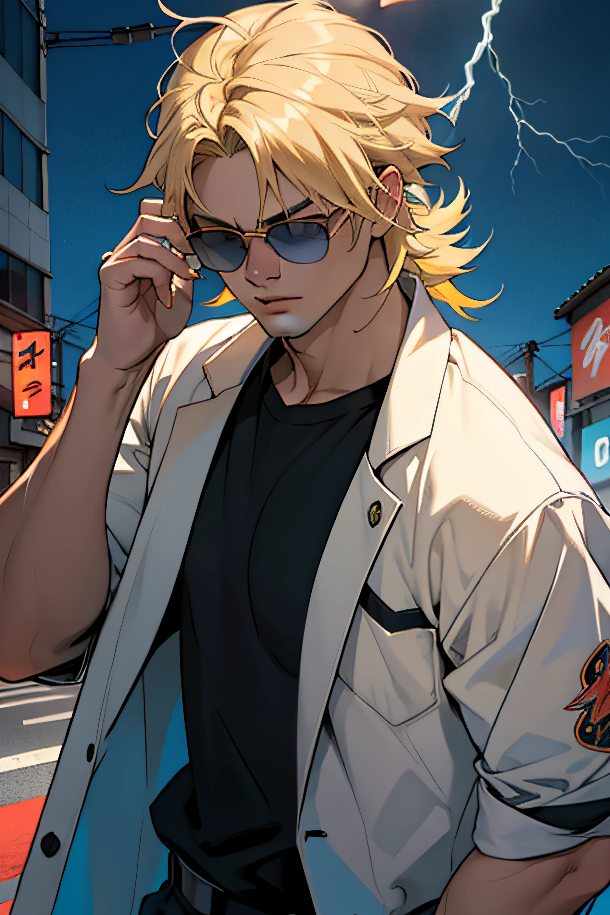 Thunder, Homem corpo adulto, ((cabelo blond)), roupas Satoru gojou, roupas escuras, ((hands on sunglasses)), fundo neon, fundo Tokyo, cabelo longo, bola de chiclete na boca, thunder around, bar, thunder, thunder ao redor