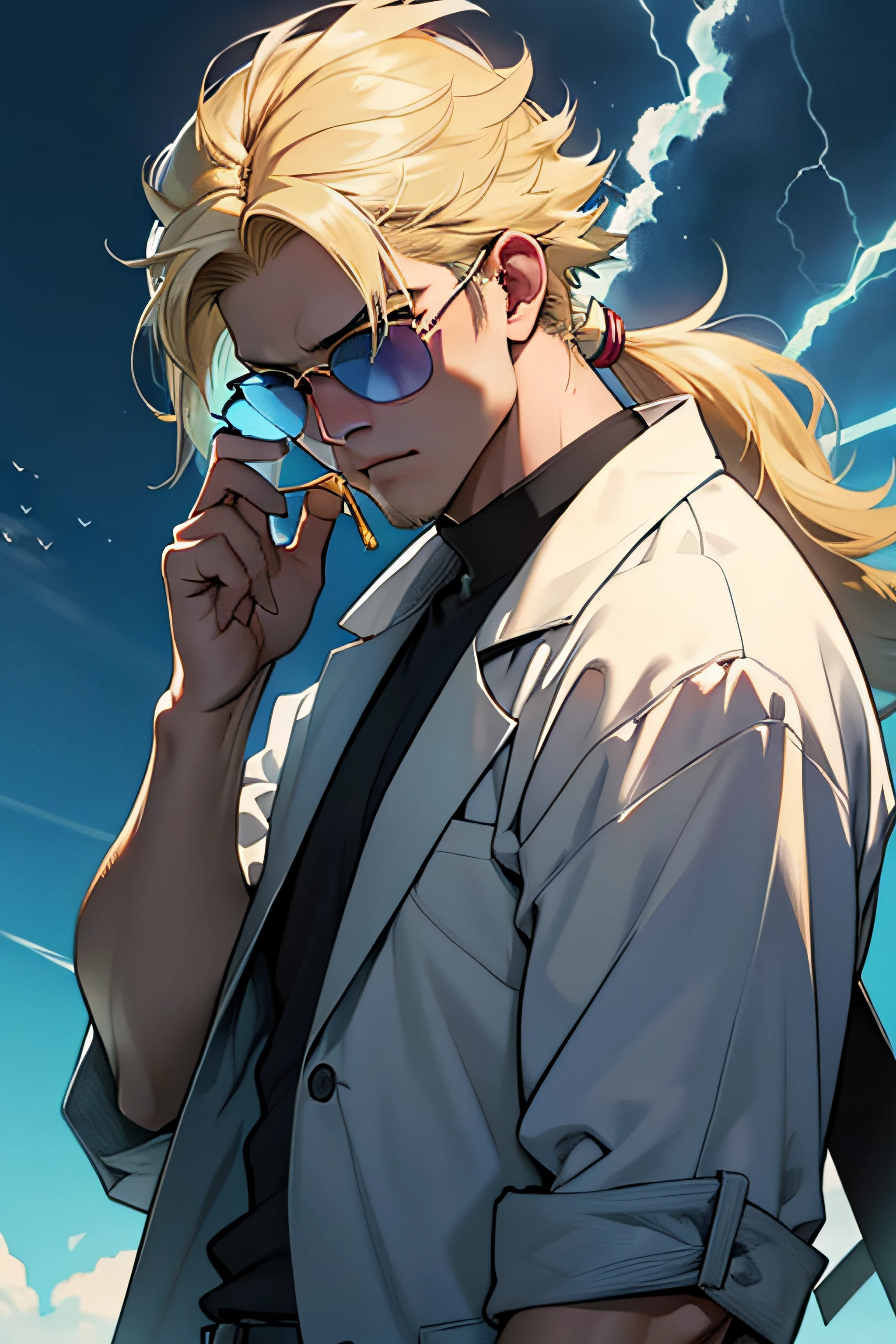 Thunder, Homem corpo adulto, ((cabelo blond)), roupas Satoru gojou, roupas escuras, roupas pretas, ((hands on sunglasses)), fundo neon, fundo Tokyo, cabelo longo, bola de chiclete na boca, thunder around, bar, thunder, thunder ao redor