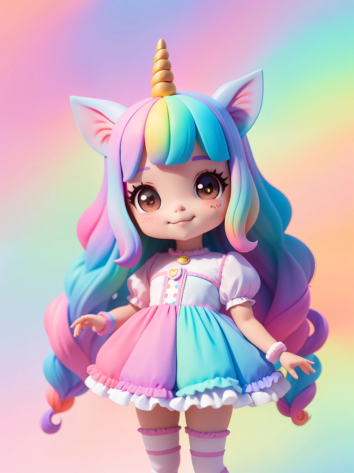 cute meniena bonita e fofa, tema unicorn, sorriso claro, corpo inteiro, :3, fundo tom pastel , colorido e simples.