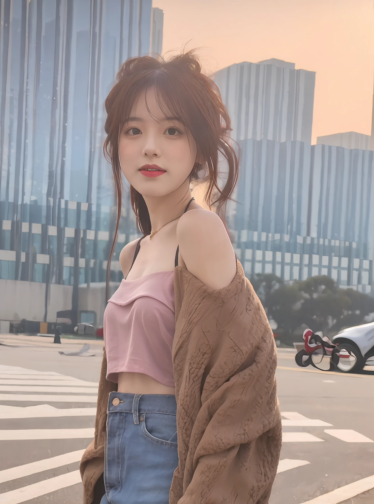 mix4，（8K，RAW photos，best qualtiy，tmasterpiece：1.2），（realisticlying，photograph realistic：1.37），1girll，adolable，view over city，the night，Sateen，soggy，profesional lighting，photon maping，Radio City，physically-based renderingt，shyexpression，Bandeau，Crop topping，Off-the-shoulder cropped top