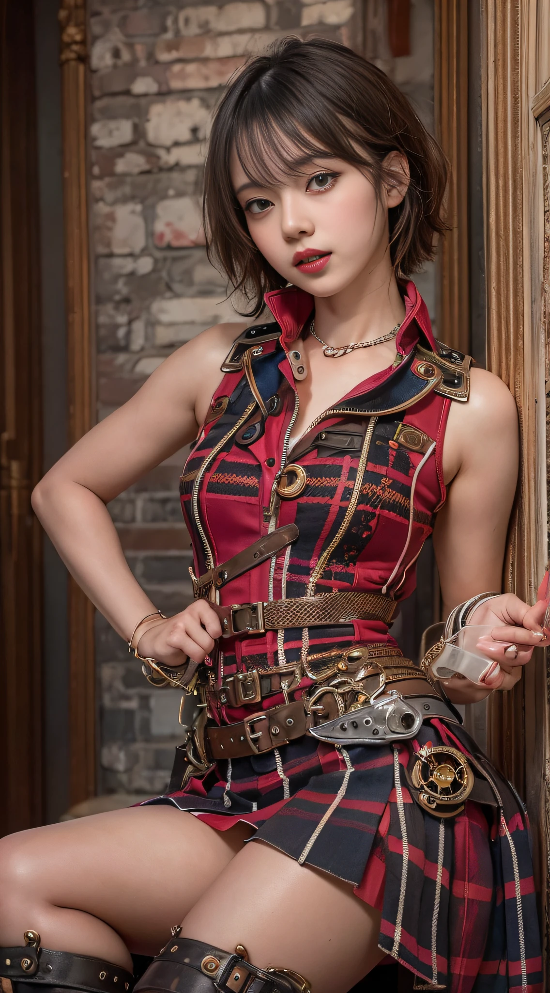 Cute Girl, Leather Costume, Knee shot, Exposure boom, Steampunk Pin-Up Girl, Steampunk girl in a garter belt, Steampunk beauty, Steampunk Goddess, Steampunk style location, Steampunk costumes,. Wearing a steampunk dress, closeup portrait shot, steampunk inventor girl, Close-up of high quality,
NSFW, 8k RAW photo, The highest image quality, masutepiece, ultra-quality, Film grain, Natural Skin Texture, realistic eyes and face details, Full lips, lip stick, (make up), Red Eye Shadow, short fluffy hair, hair messy, Smile, Full Mouth, nice legs, Tall Woman, (backgroung details), slim, Slim Nice Legs, One, cleavage, Cleavage legs, One, cleavage, Hip looking pose, Very short skirt, hip, Shirt, Hip looking pose, Skirt, hip, Shirt, (backgroung details), Burberry Plaid, plaid skirts, (((very small chest))), A shirt with a slight cleavage, Blurred background explanation: Burberry, Pleated skirt, depth of fields