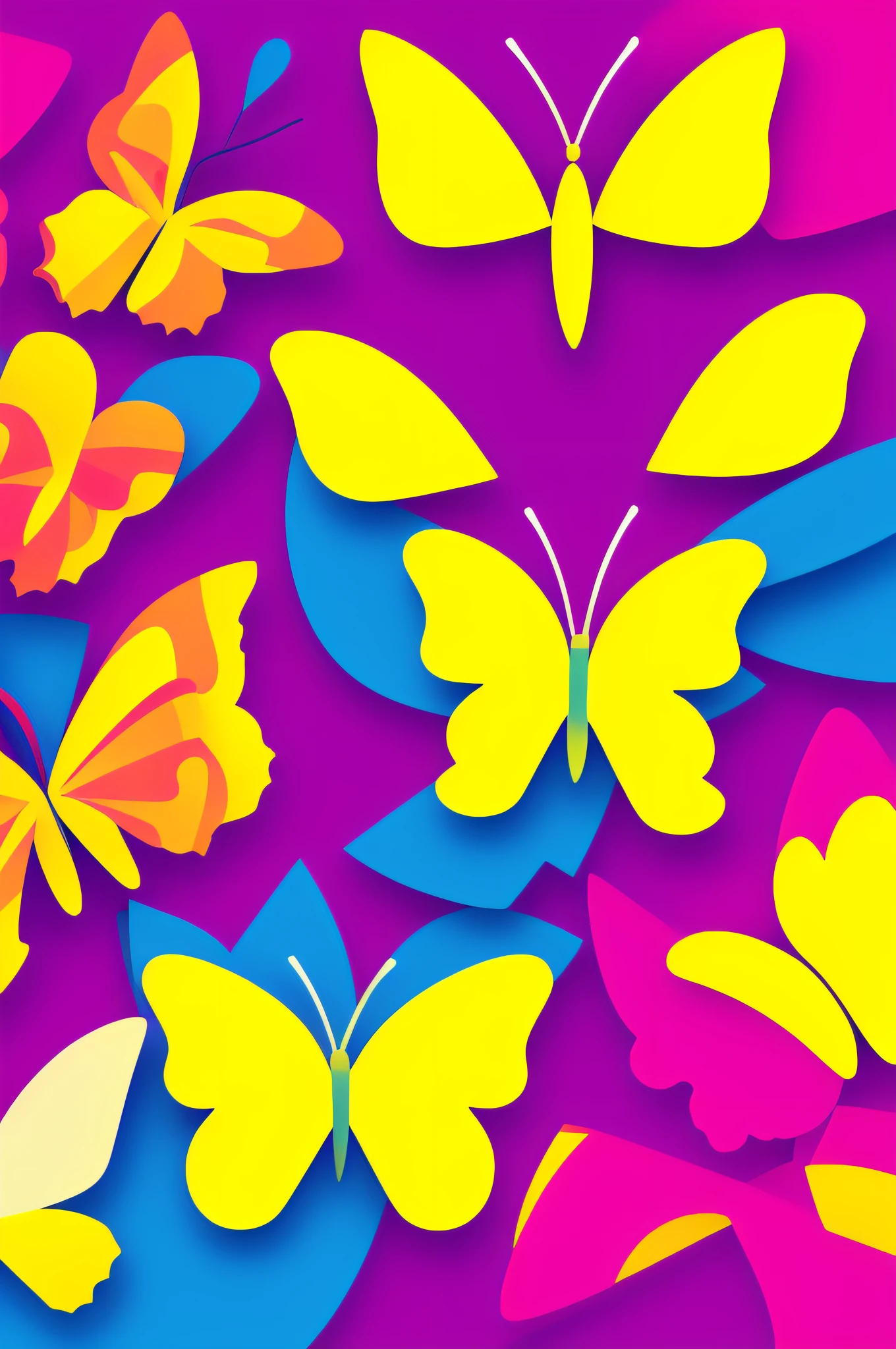 Create a logo with a yellow butterfly with wings formed by different types of papers, como papel de seda, paperboard and scrapbooking paper. Use bright colors to convey joy and vibrancy.