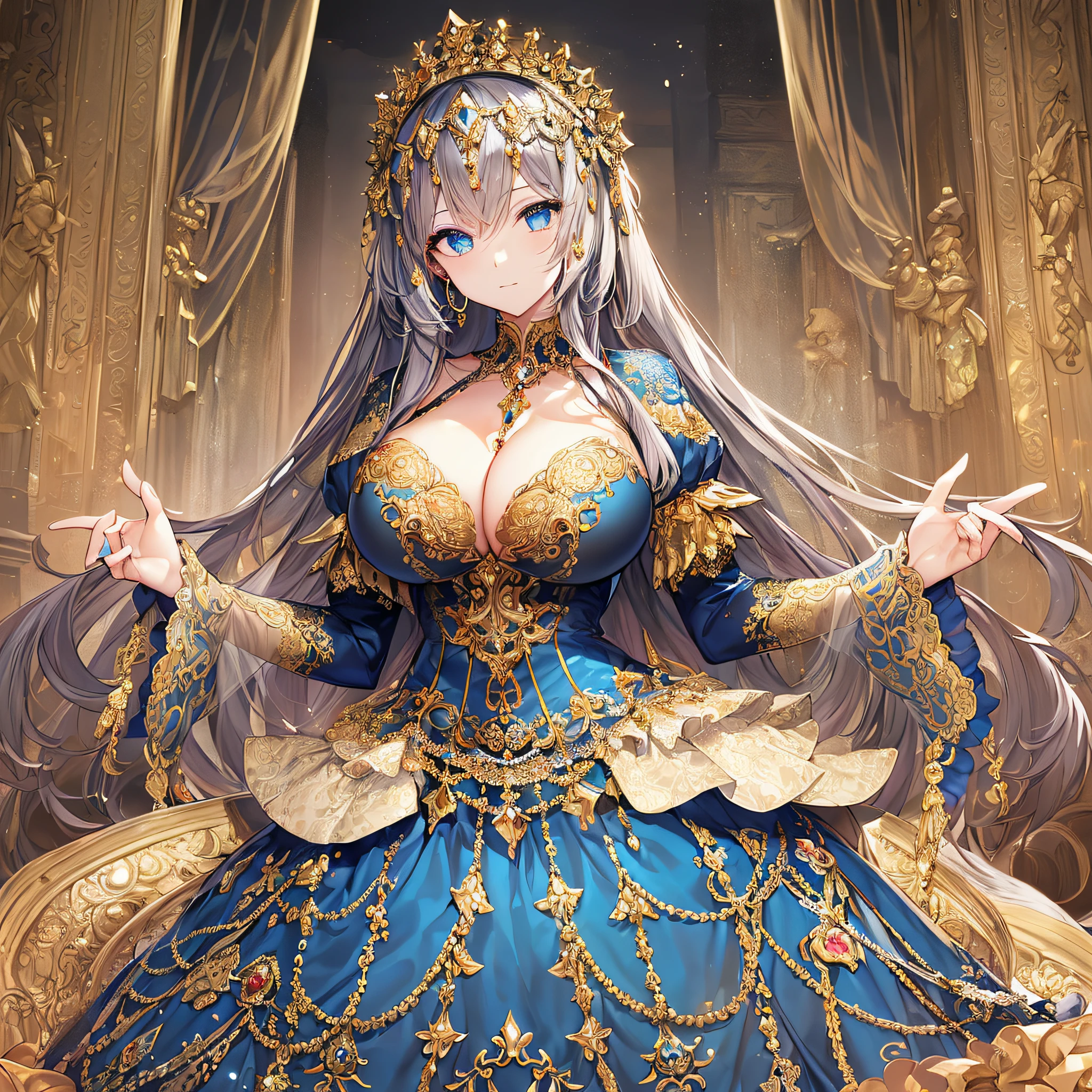 ((anime artstyle)),(Masterpiece),(Best Quality), (Super Detail),((Very Delicate and Beautiful)),(((Solo))),((full body)),(((1 bling-bling princess in beautiful embroidery and jeweled gorgeous rococo ball gown dress with voluminous full length hoop skirt))),((bling-bling)),Long train,(bling-bling gorgeous gemstone jewelry),detailed face and eyes,jewel-like eyes,((extremely voluminous Very Long Hair,Straight Hair)),((gigantic tits,Long tits)),cleavage,(gorgeousfull embroidery and lace),gorgeous corsage,See-through,extremely gorgeousfull hair ornament,bling-bling extremely gorgeousfull jeweled tiara,ornate ruffles,(hoop skirt,crinoline),((Dynamic Angle)),Looking at viewer,((full body)),((beautiful embroidery and jeweled extremely gorgeous rococo ball gown dress with voluminous full length hoop skirt))