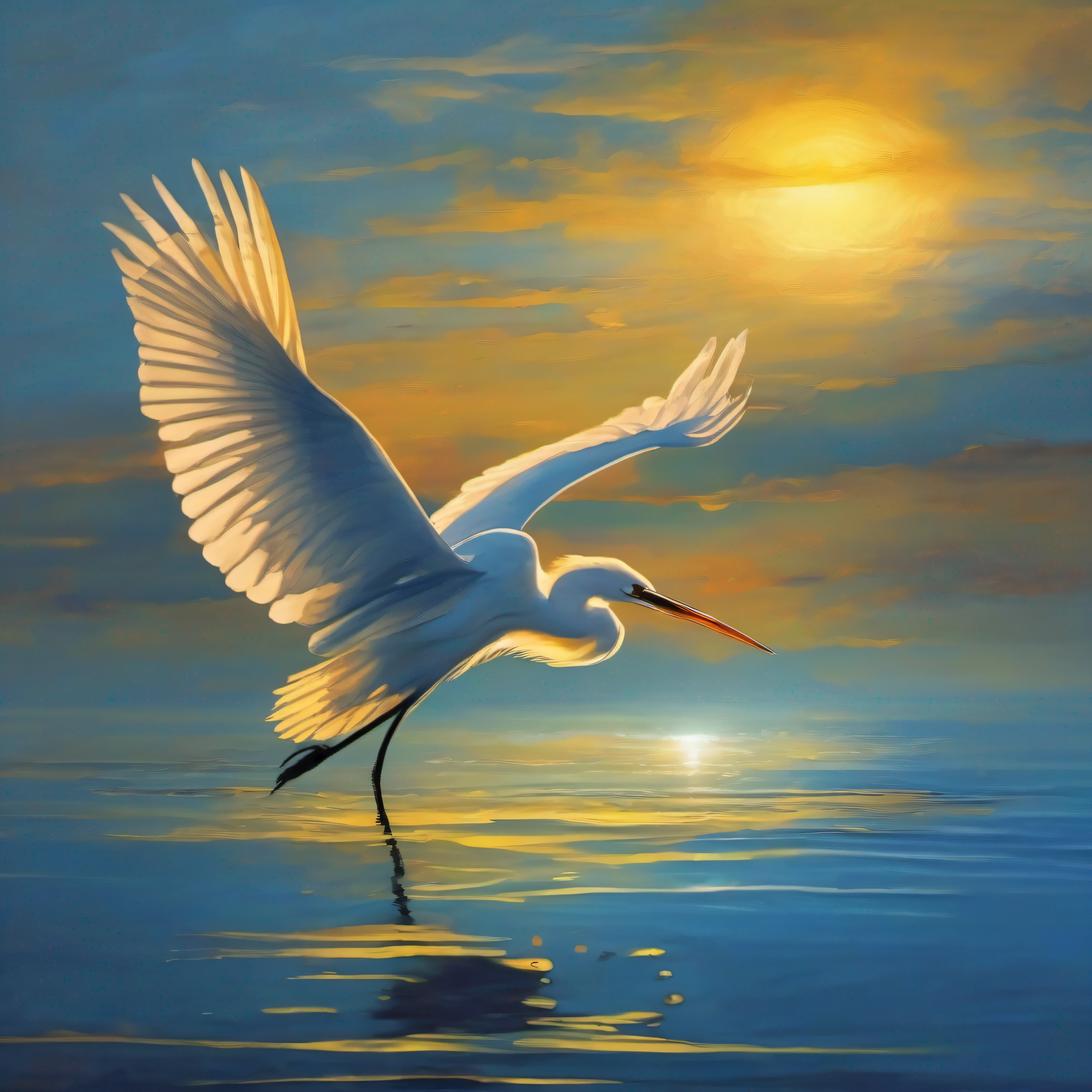 An egret flies,the setting sun,Water and sky,Hazy,Bird shadows intertwined with sunset，The blue water surface is stained with a yellow glow