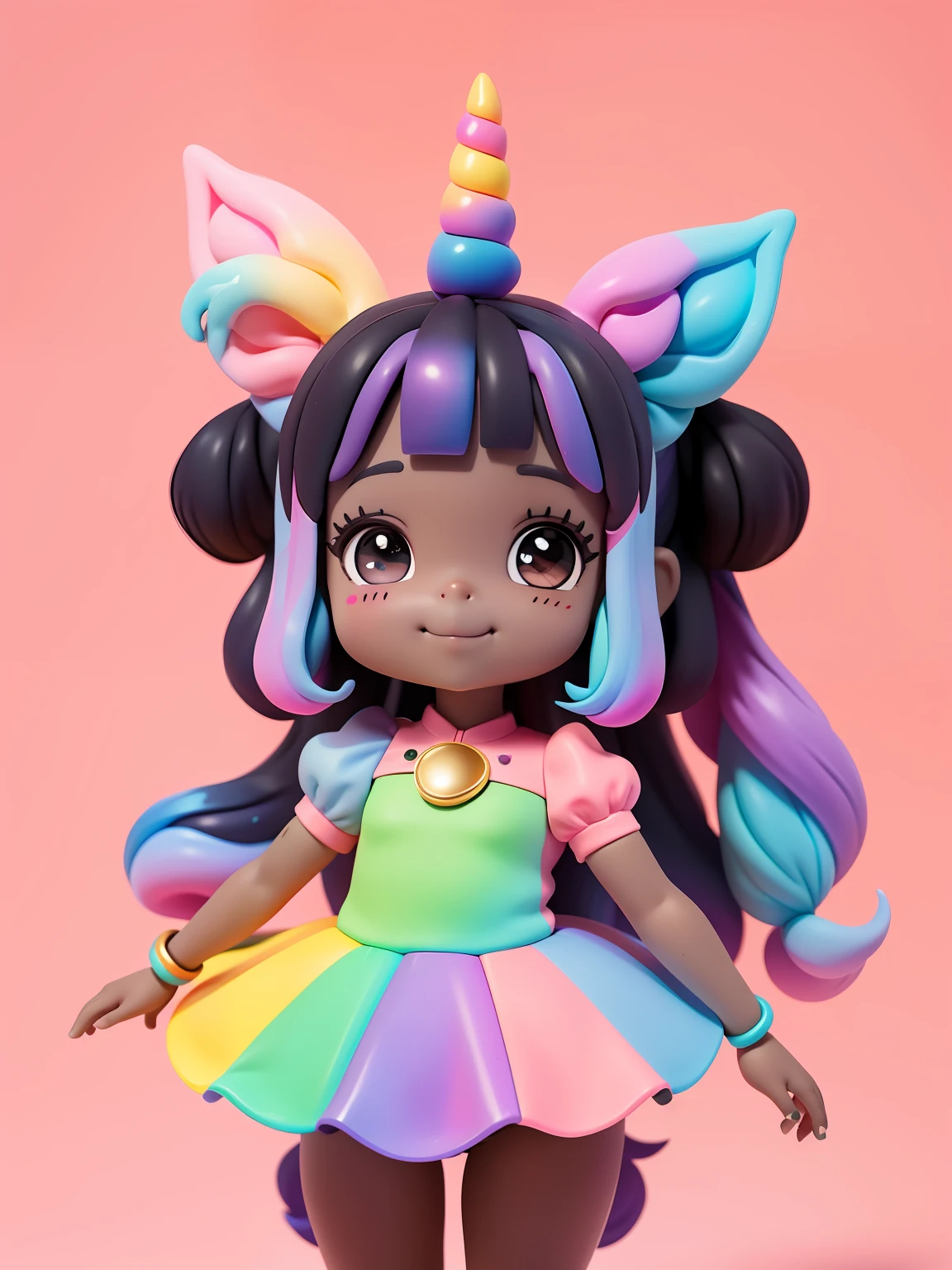 Loli cute menina negra bonita e fofa, tema unicorn, sorriso claro, corpo inteiro, :3, fundo tom pastel , colorido e simples.