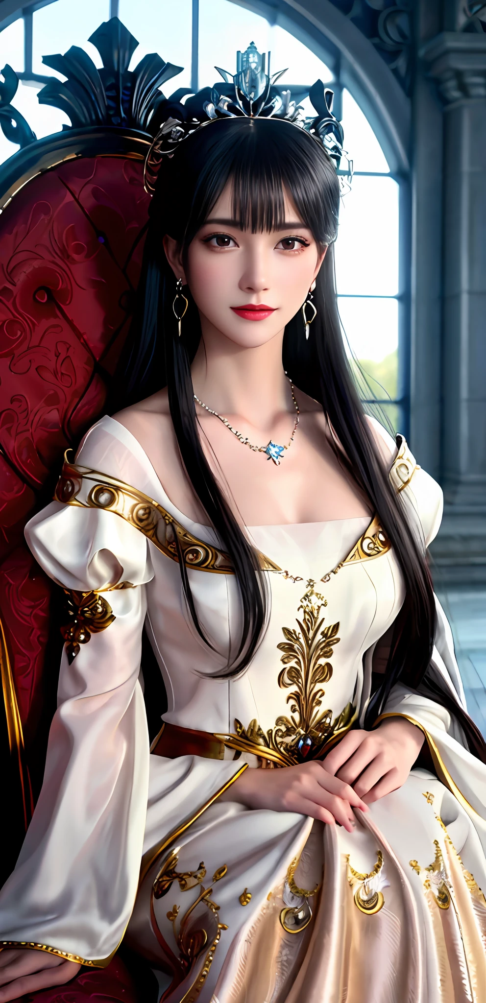 (realisticity: 1.2), ((best resolution: 8K UHD)), best quality, high quality, masterpiece, highres,cg,
1 super detailed girl, super detailed queen
, sitting on a super detailed royal throne, lud, xurious royal palace background, beautiful and detailed, super detailed long hair, wearing a beautiful and luxurious crown with diamonds and super detailed,
super detailed dress, Super detailed dress sleeves, super detailed beautiful earrings, Beautiful and beautiful necklace full of super detailed diamonds,
solo, jewelry, super detailed red and yellow dress, pretty face, beautiful, and super detailed,
, earrings, super detailed hairdo, splashing, the upper body is very super detailed, super detailed hair bun, super detailed black hair,
lighting,candid,Photograph,high resolution, 8k,Bokeh,
