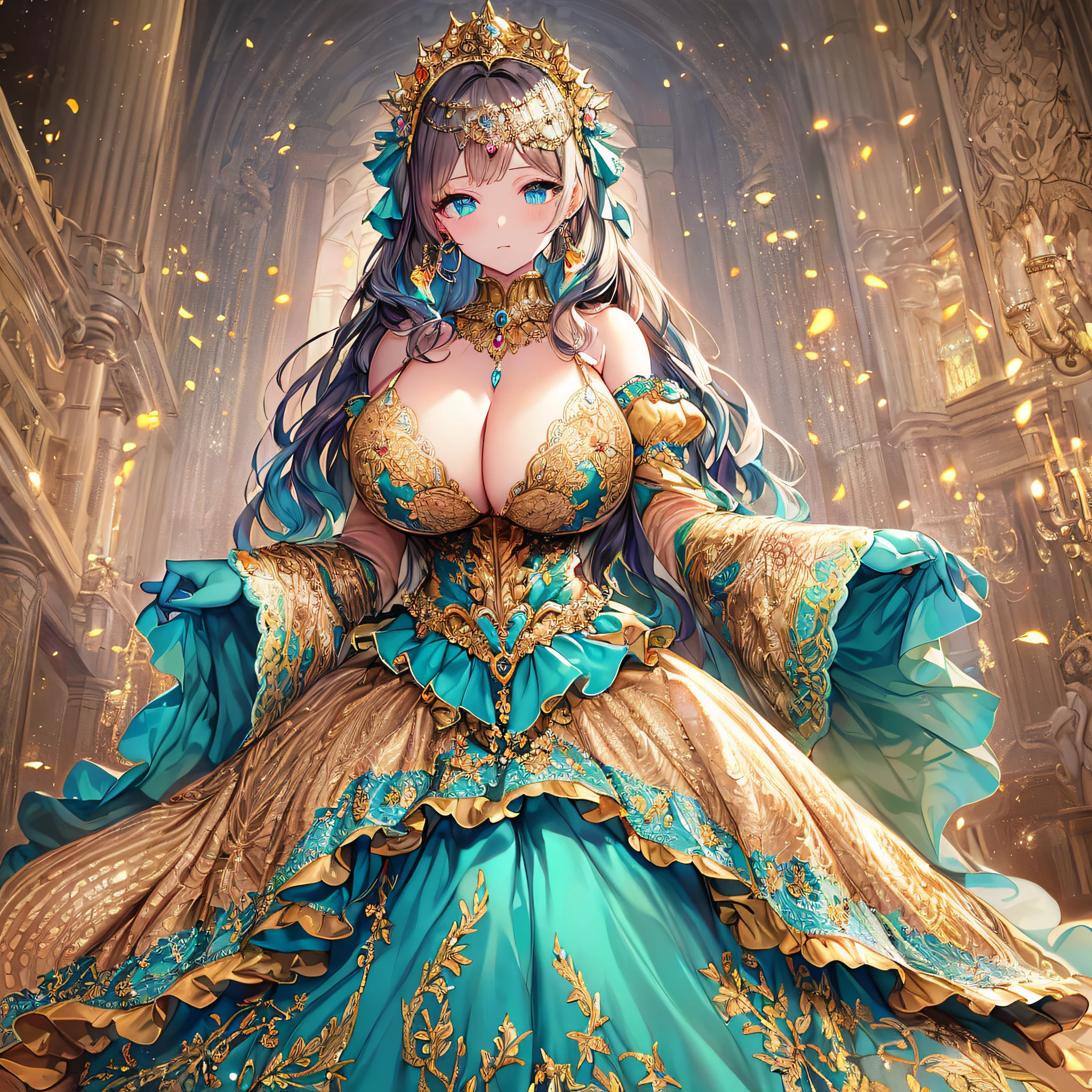 ((anime artstyle)),(Masterpiece),(Best Quality), (Super Detail),((Very Delicate and Beautiful)),(((Solo))),((full body)),(((1 bling-bling princess in beautiful embroidery and jeweled gorgeous rococo ball gown dress with voluminous full length hoop skirt))),((bling-bling)),Long train,(bling-bling gorgeous gemstone jewelry),detailed face and eyes,jewel-like eyes,((extremely voluminous Very Long Hair,Straight Hair)),((gigantic tits,Long tits)),cleavage,(gorgeousfull embroidery and lace),gorgeous corsage,See-through,extremely gorgeousfull hair ornament,bling-bling extremely gorgeousfull jeweled tiara,ornate ruffles,(hoop skirt,crinoline),((Dynamic Angle)),Looking at viewer,((full body)),((beautiful embroidery and jeweled extremely gorgeous rococo ball gown dress with voluminous full length hoop skirt))