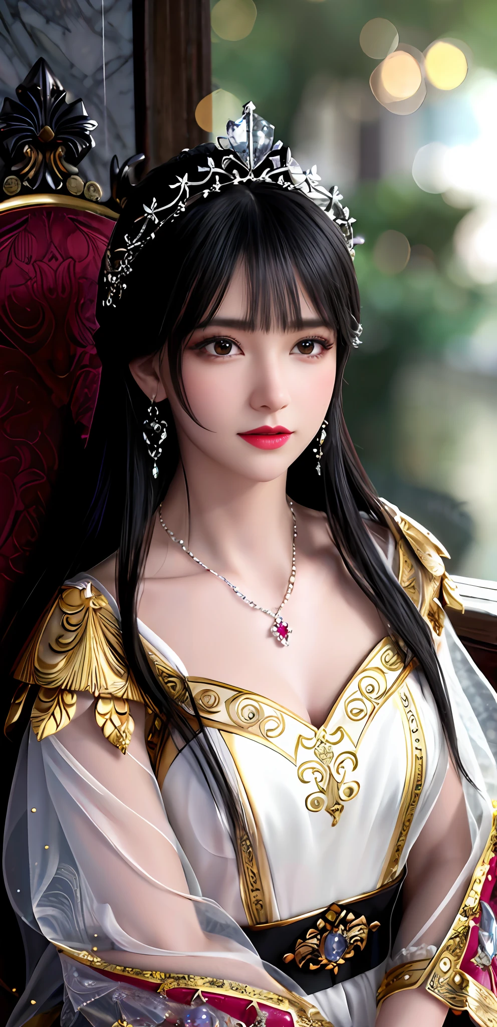 (realisticity: 1.2), ((best resolution: 8K UHD)), best quality, high quality, masterpiece, highres,cg,
1 super detailed girl, super detailed queen
, sitting on a super detailed royal throne, lud, xurious royal palace background, beautiful and detailed, super detailed long hair, wearing a beautiful and luxurious crown with diamonds and super detailed,
super detailed dress, Super detailed dress sleeves, super detailed beautiful earrings, Beautiful and beautiful necklace full of super detailed diamonds,
solo, jewelry, super detailed red and yellow dress, pretty face, beautiful, and super detailed,
, earrings, super detailed hairdo, splashing, the upper body is very super detailed, super detailed hair bun, super detailed black hair,
lighting,candid,Photograph,high resolution, 8k,Bokeh,
