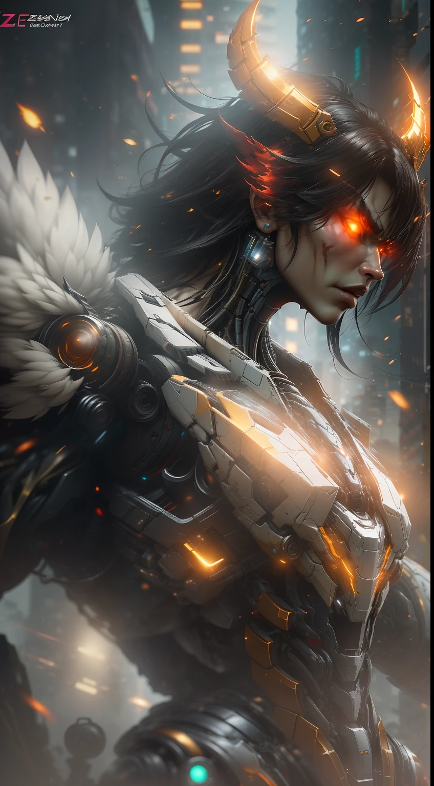 Devil Jin from tekken photography, biomechanics, complex robot, golden wing, full growth, hyper-realistic, crazy little details, incredibly clean lines, cyberpunk aesthetic, masterpiece featured on Zbrush Central, cyberpunk city backdrop