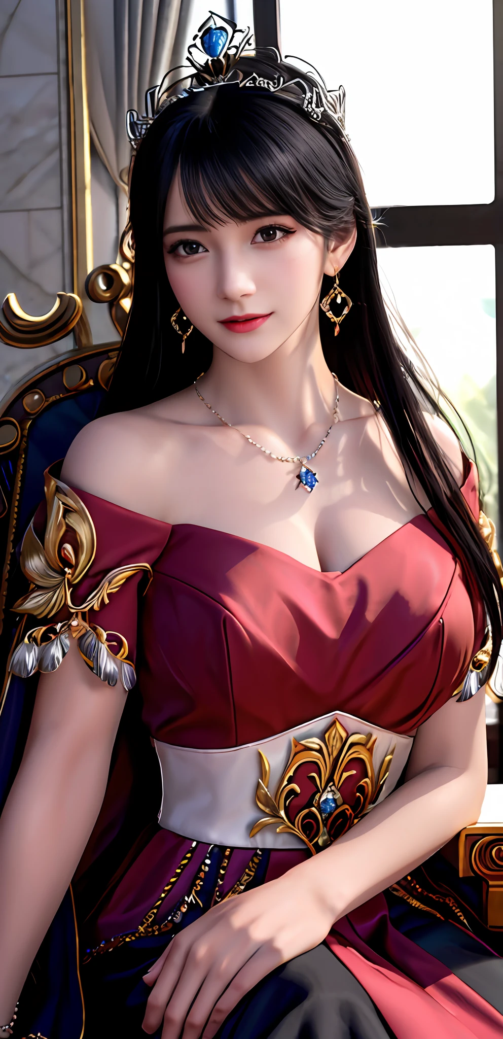 (realisticity: 1.2), ((best resolution: 8K UHD)), best quality, high quality,  masterpiece, highres,cg,
1 super detailed girl, super detailed queen

, sitting on a super detailed royal throne, lud, xurious royal palace background, beautiful and detailed, super detailed long hair, wearing a beautiful and luxurious crown with diamonds and super detailed,

super detailed dress, Super detailed dress sleeves, super detailed beautiful earrings, Beautiful and beautiful necklace full of super detailed diamonds,  
 solo, jewelry, super detailed red and yellow dress, pretty face, beautiful, and super detailed, 

, earrings, super detailed hairdo, splashing, the upper body is very super detailed, super detailed hair bun, super detailed black hair,
lighting,candid,Photograph,high resolution, 8k,Bokeh,