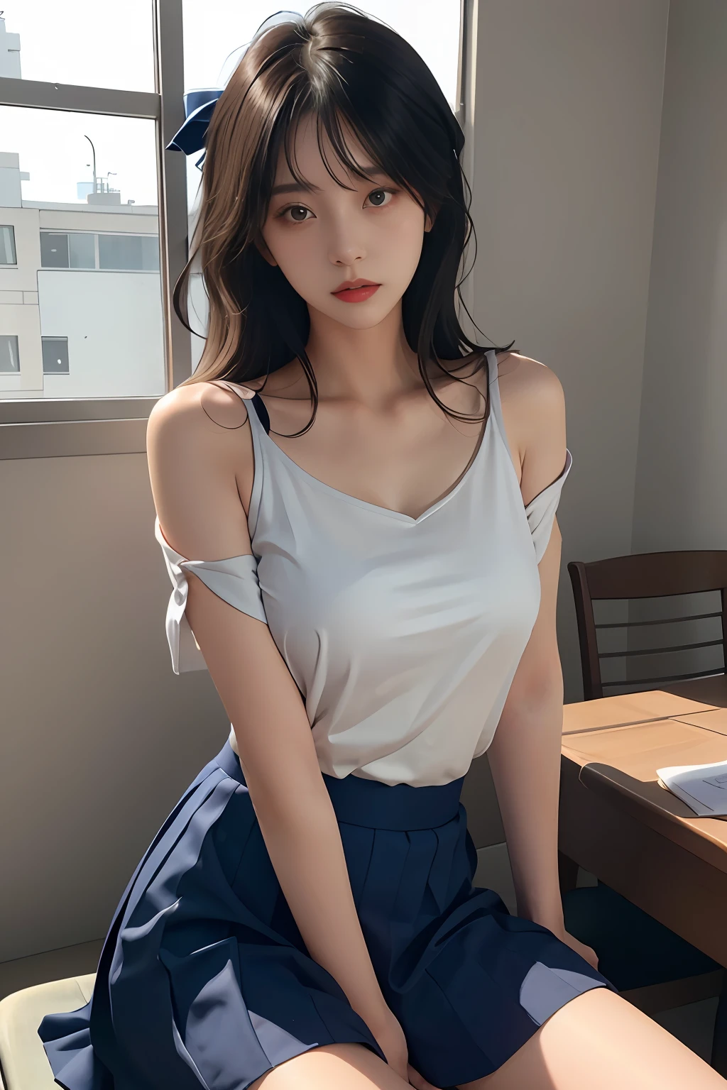 1girll，独奏，（Short-sleeved JK_sailor），JK_style，（darkblueJK_skirt），（Bow JK_tie），（inside a classroom：1.2），realisticlying，full bodyesbian，brunette color hair，long whitr hair，黑The eye，cparted lips，parted lip，鎖骨，exposed bare shoulders，sportrait，nase，best qualtiy，tmasterpiece，超高分辨率，（realisticlying：1.4），RAW photogr，