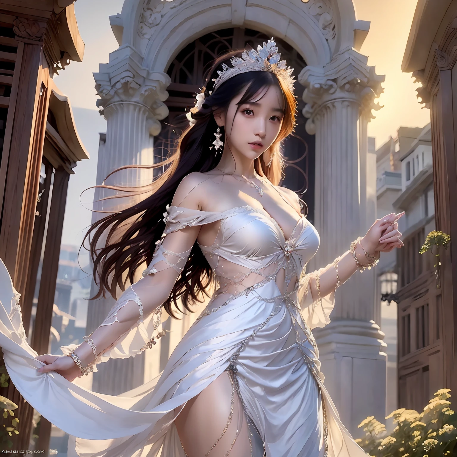 a woman in a silver dress posing for a picture, concept art by Raymond Han, cgsociety contest winner, fantasy art, ((a beautiful fantasy empress)), fantasy dress, a beautiful fantasy empress, karol bak uhd, fantasy gorgeous lighting, fantasy woman, fantasy robe, blonde goddess, style of karol bak, draped in shiny gold and silver, sexy gown